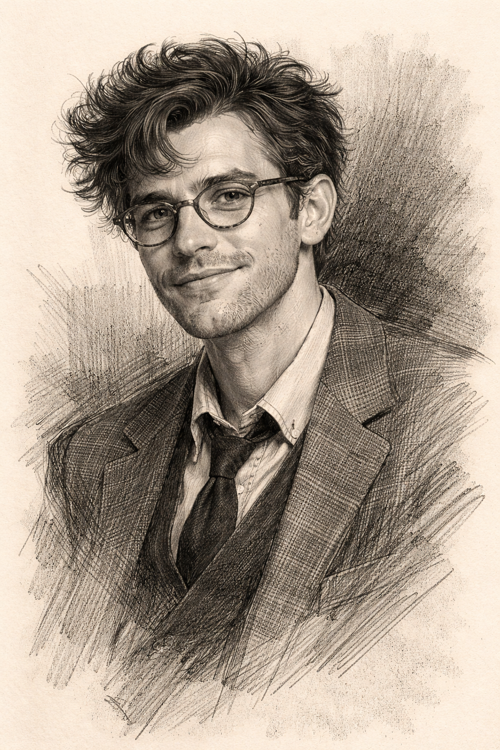 Charcoal portrait of Robert V. Ussley with round glasses, unruly hair, and a faint, knowing expression.