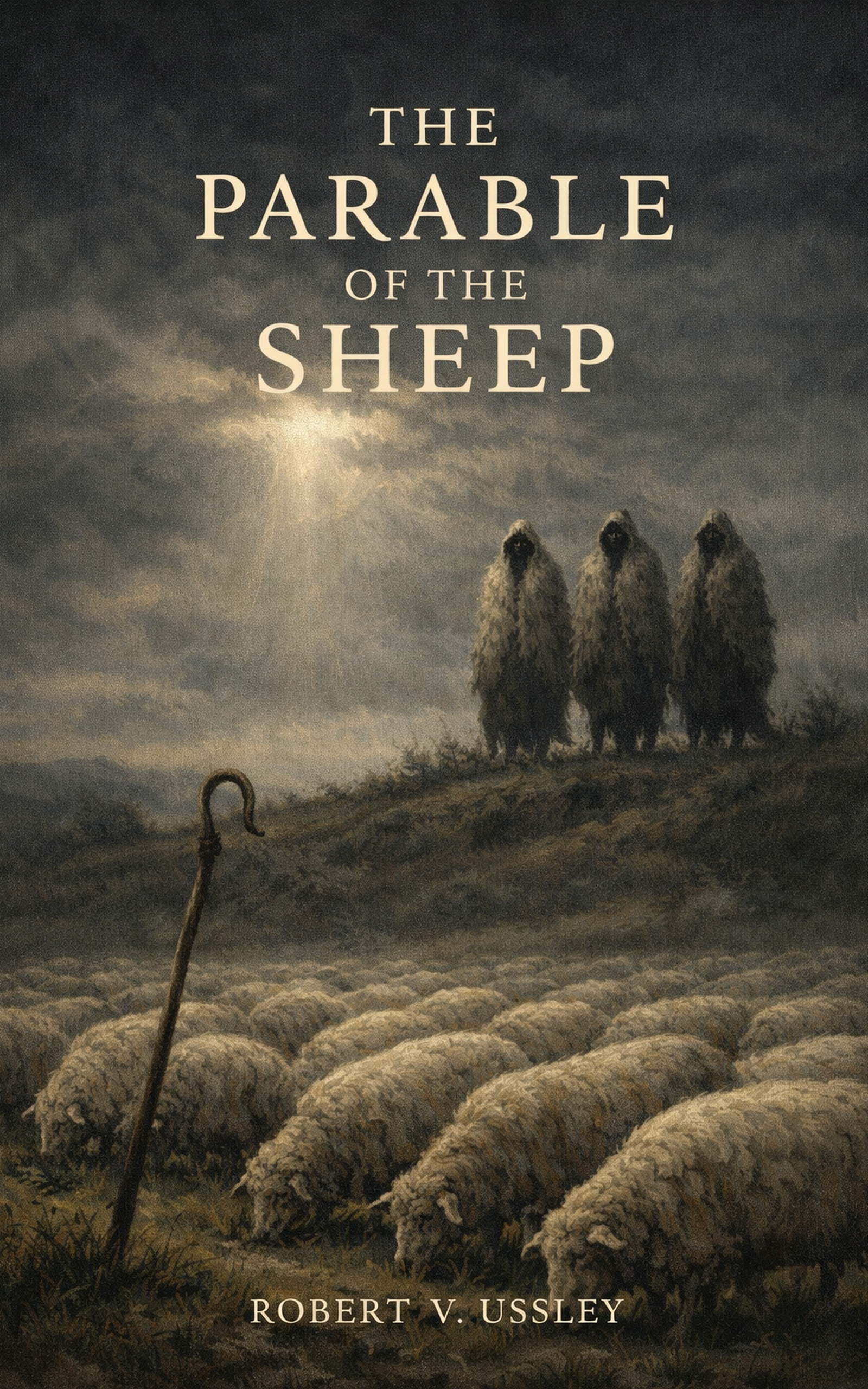 Cover for The Parable of the Sheep showing sheep under a dark stormy sky, three shadowed figures on a hill, and a shepherd's crook in the foreground.