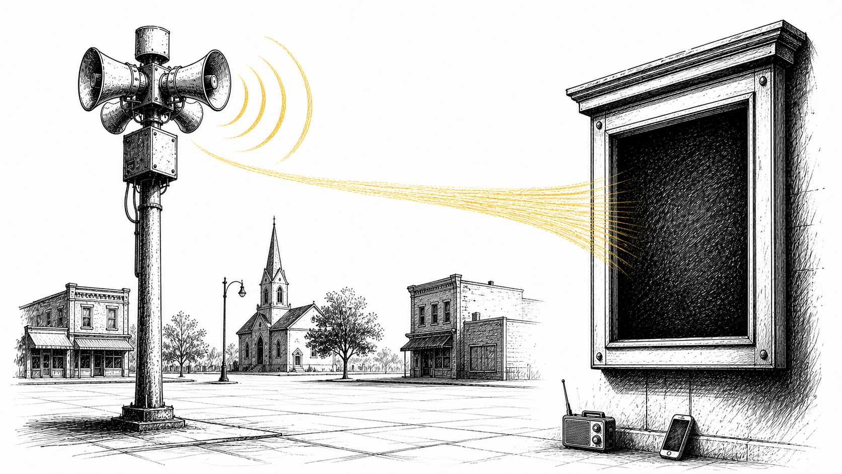 Editorial cartoon showing an outdoor warning siren sending a yellow signal into a dark blank public instruction frame while a small radio and phone sit below it.