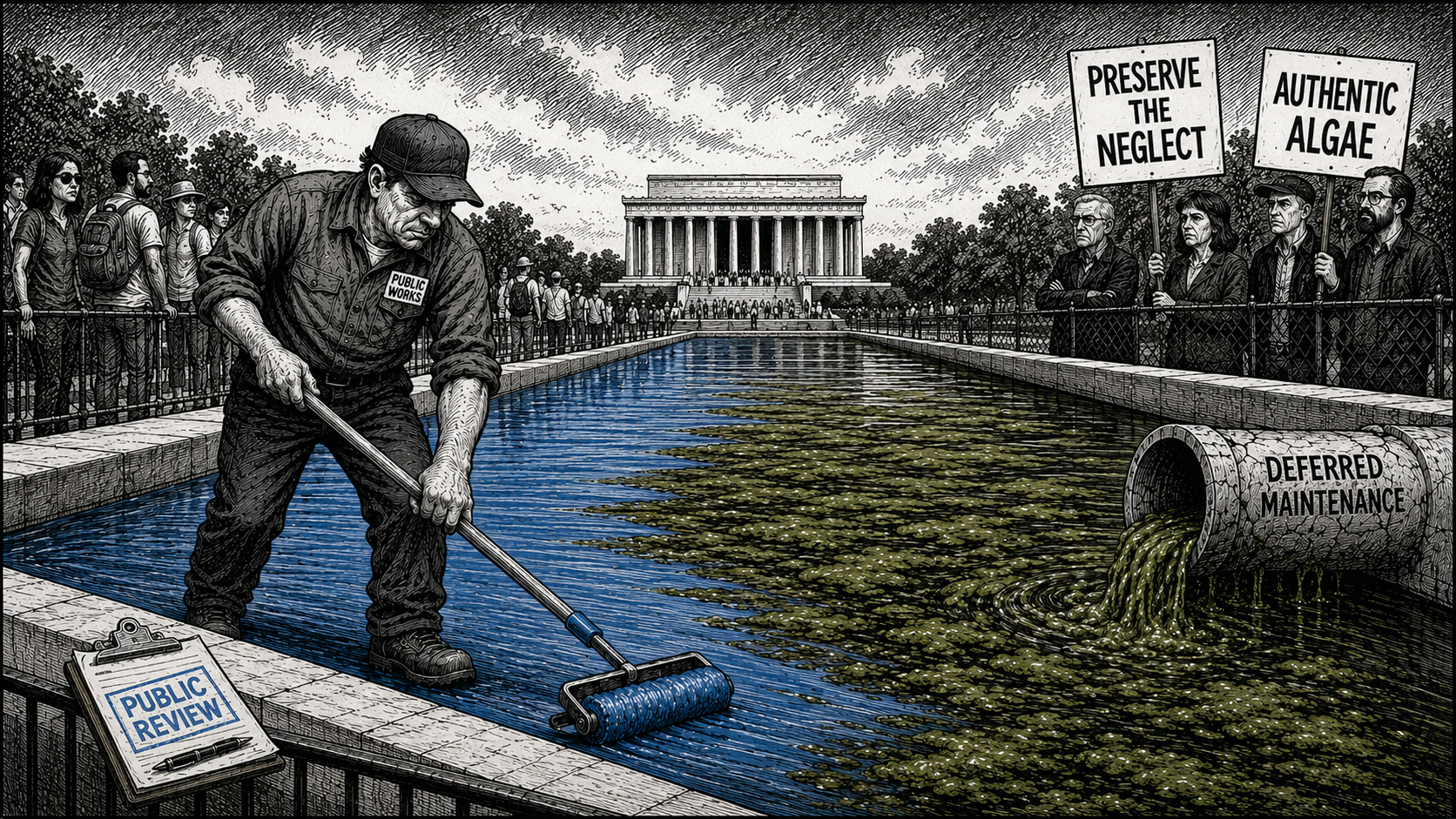 Political cartoon showing a public works employee rolling blue coating across the Lincoln Memorial Reflecting Pool while algae pours from a cracked pipe labeled Deferred Maintenance and protesters hold signs reading Preserve the Neglect and Authentic Algae.