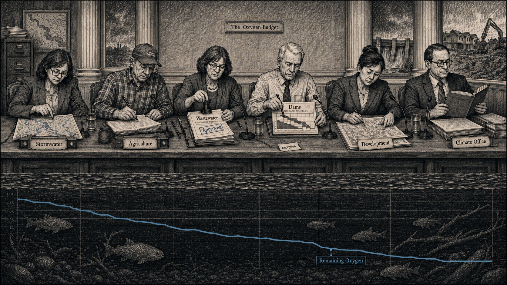 Editorial cartoon showing officials labeled Stormwater, Agriculture, Wastewater, Dams, Development, and Climate Office managing The Oxygen Budget above a river cross-section where fish swim beneath a declining blue Remaining Oxygen line.