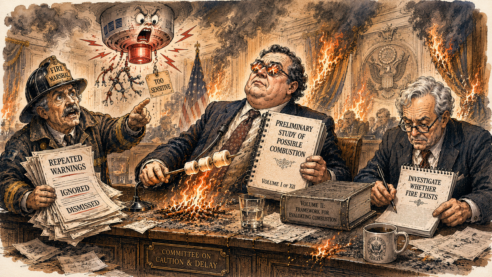 Editorial cartoon showing a fire marshal waving repeated warnings at a committee that studies possible combustion while the hearing room burns and a sensitive alarm hangs overhead.