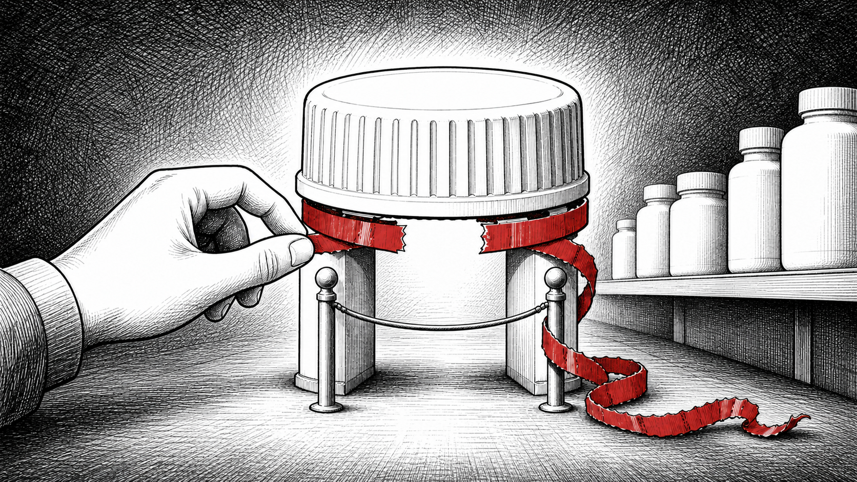 Editorial cartoon showing a giant medicine-bottle cap as a checkpoint gate on a crosshatched pharmacy shelf, with a shopper pulling a red torn tamper-evident strip.
