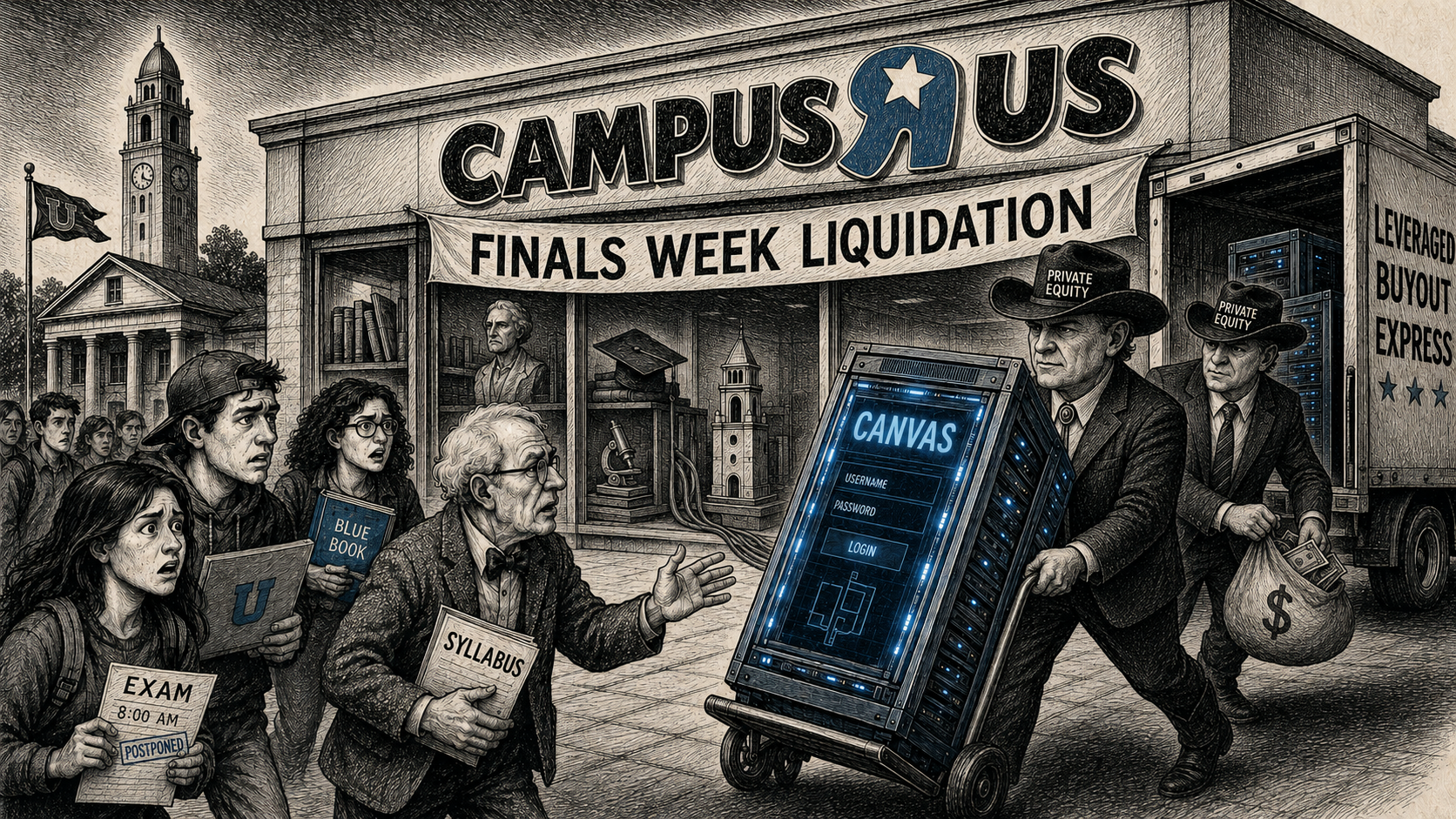 Editorial cartoon showing anxious students and a professor outside a Campus R Us storefront with a Finals Week Liquidation banner while private-equity figures wheel away a glowing Canvas server into a Leveraged Buyout Express truck.