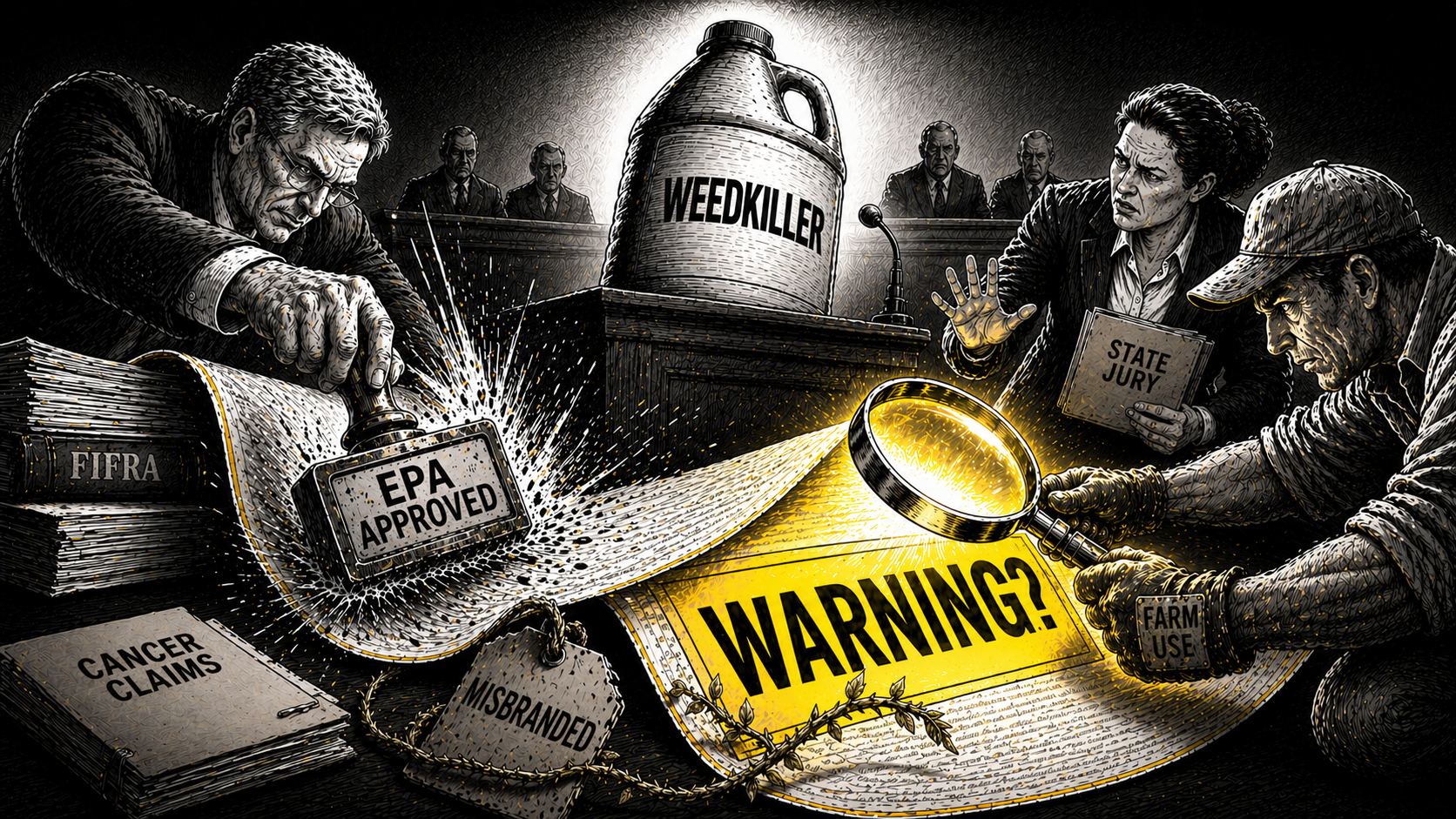 Editorial cartoon showing an EPA approval stamp landing on FIFRA paperwork for weedkiller while a magnifying glass exposes a warning label, with cancer claims, misbranding, farm use, and a state jury gathered around the scene.