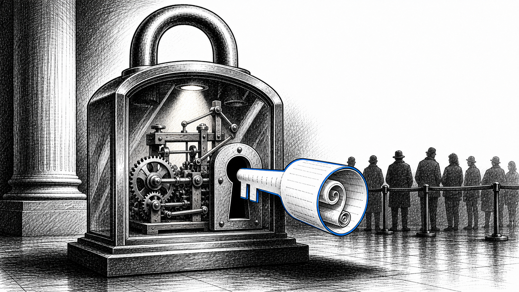 Black ink editorial cartoon of a lock-shaped glass display case holding a lit patent model, with a half-turned paper key and anonymous public viewers behind a rail.