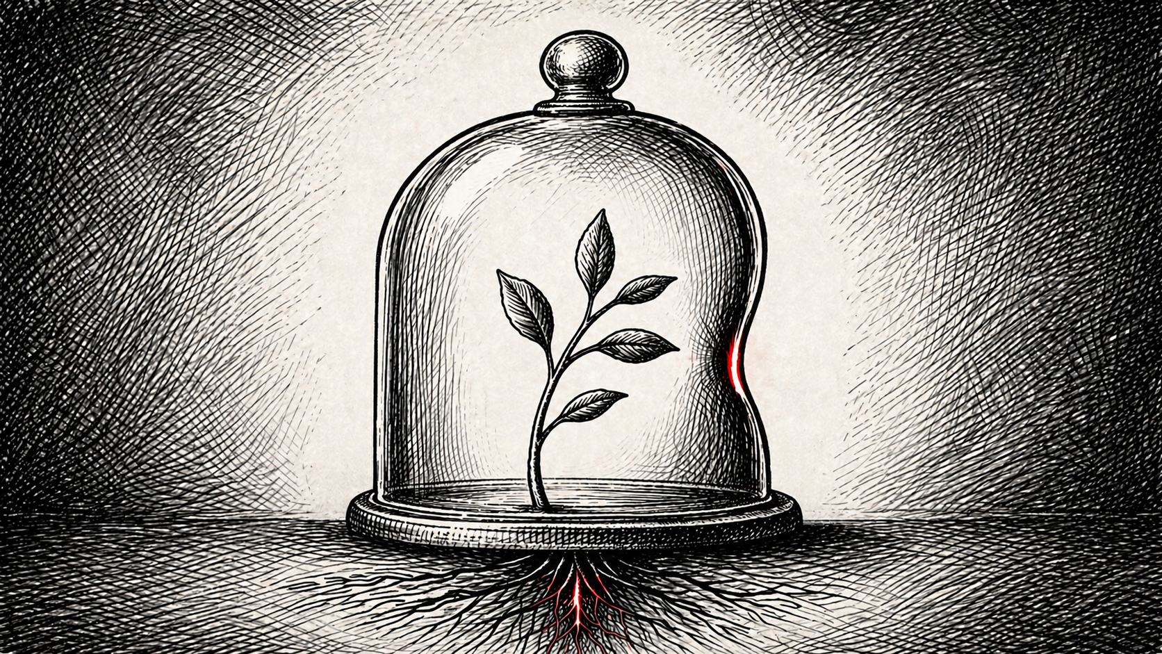 Editorial cartoon showing a small plant sealed under a cracked glass cloche, with dark crosshatching around it and red fractures running down into the roots.