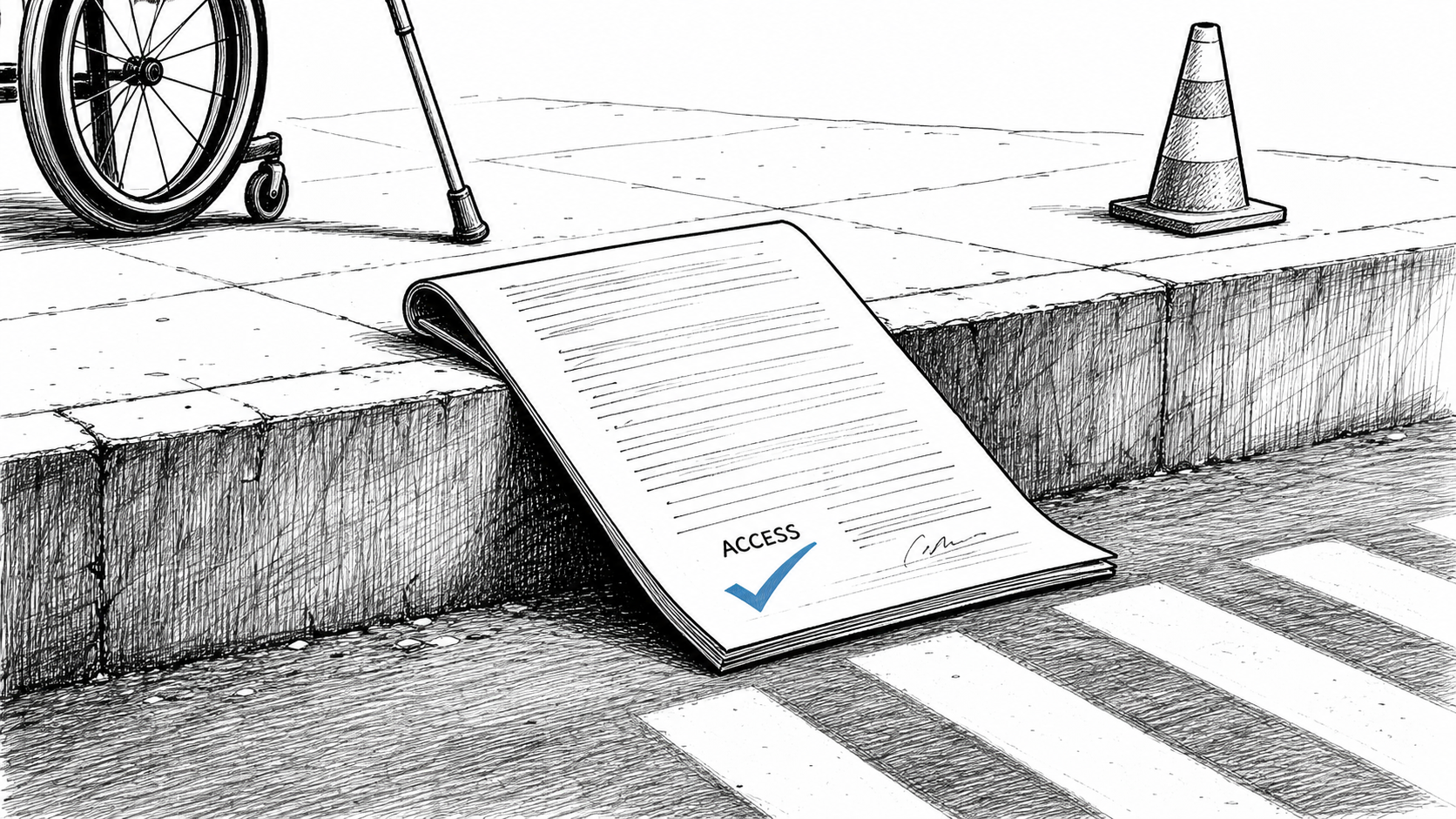 Editorial cartoon showing a curb ramp shaped like a signed document marked ACCESS, with a wheelchair wheel and cane at the sidewalk edge.