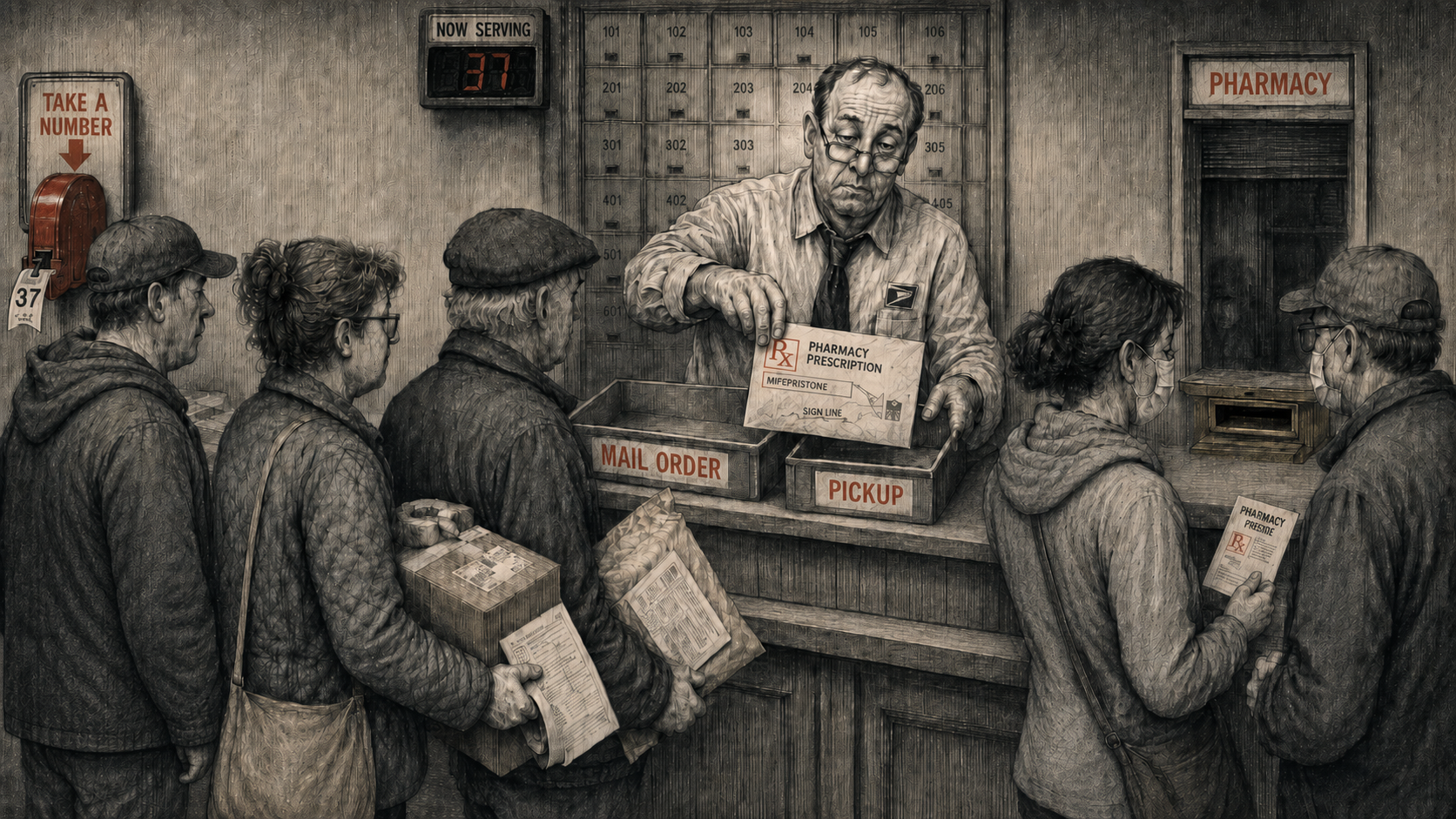Editorial cartoon showing customers queued at a counter where a postal worker-pharmacist places a mifepristone prescription envelope between bins labeled Mail Order and Pickup beneath signs for Take a Number, Now Serving, and Pharmacy.