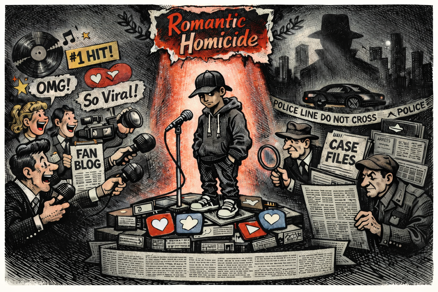 Editorial cartoon showing a young singer at a microphone under the title 'Romantic Homicide,' with viral-media attention on one side and police tape, case files, and investigators on the other.