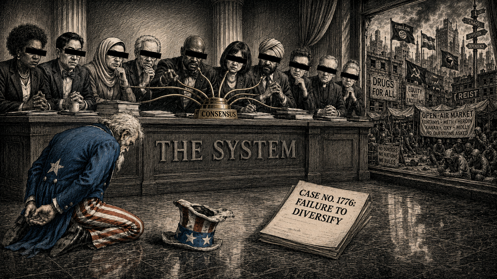 Editorial cartoon showing Uncle Sam kneeling before a blindfolded tribunal labeled The System, with a consensus device on the bench, a case file reading Case No. 1776: Failure to Diversify, and a chaotic city visible through the window.