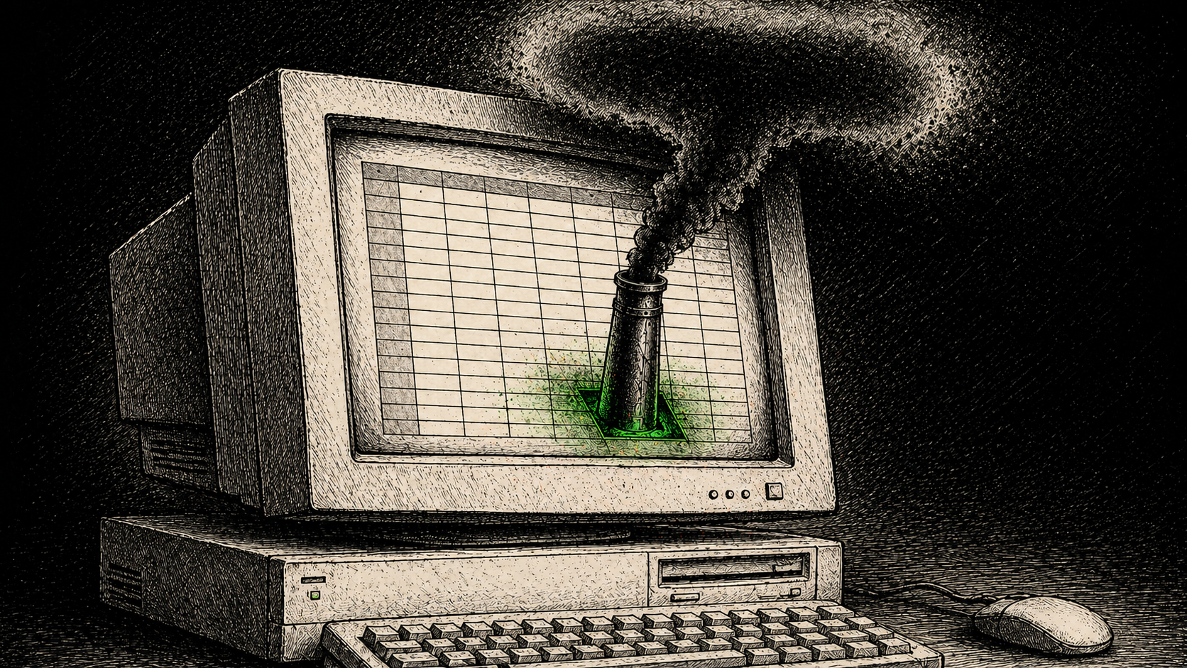 Editorial cartoon showing a vintage desktop computer displaying a spreadsheet with a smokestack rising from a highlighted green cell and smoke forming a skull above the monitor.