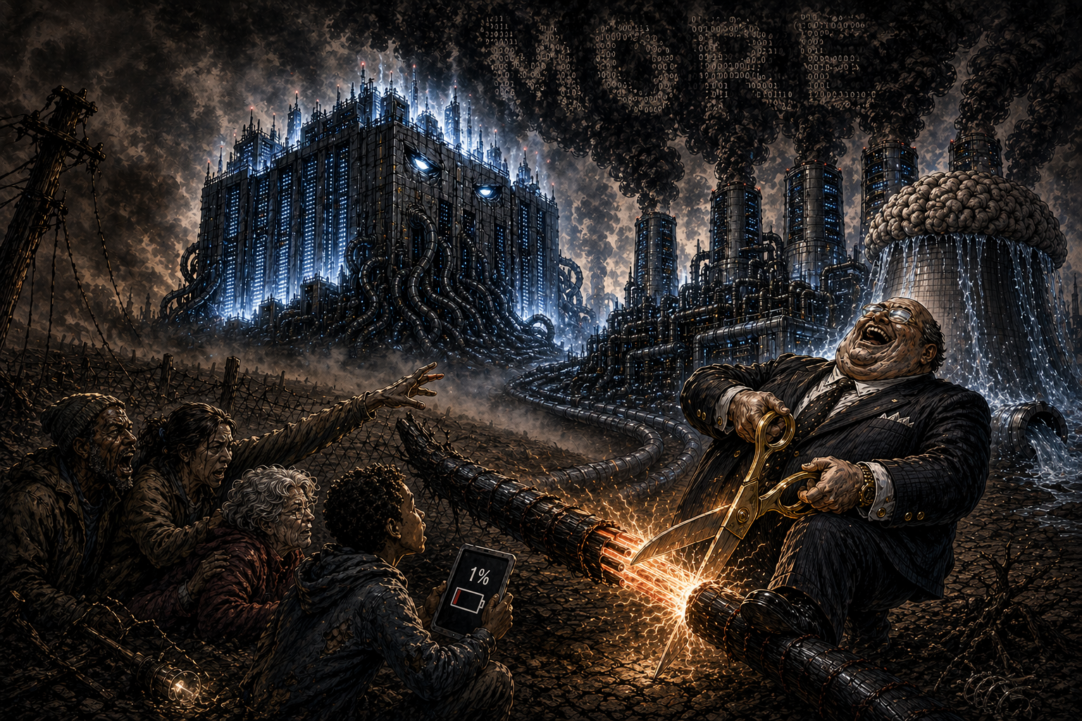 Editorial cartoon showing a laughing businessman cutting off a power line to desperate people while a giant AI data center and smoking industrial towers consume the electricity behind him.