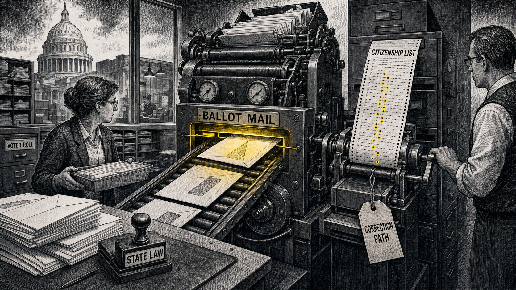 Editorial cartoon showing a county election mailroom where ballot envelopes pass through a large machine labeled BALLOT MAIL while a citizenship list feeds in beside a correction path tag and state law stamp.