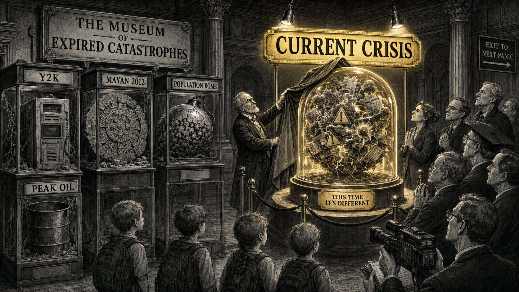 Editorial cartoon showing children, reporters, and officials watching a glowing museum display labeled Current Crisis, while older exhibits labeled Y2K, Mayan 2012, Population Bomb, and Peak Oil sit under a sign for the Museum of Expired Catastrophes.