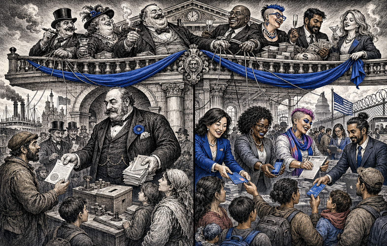 Editorial cartoon showing a split nineteenth-century and modern immigration patronage scene, with elites on a blue-draped balcony above officials handing documents and phones to waiting families.