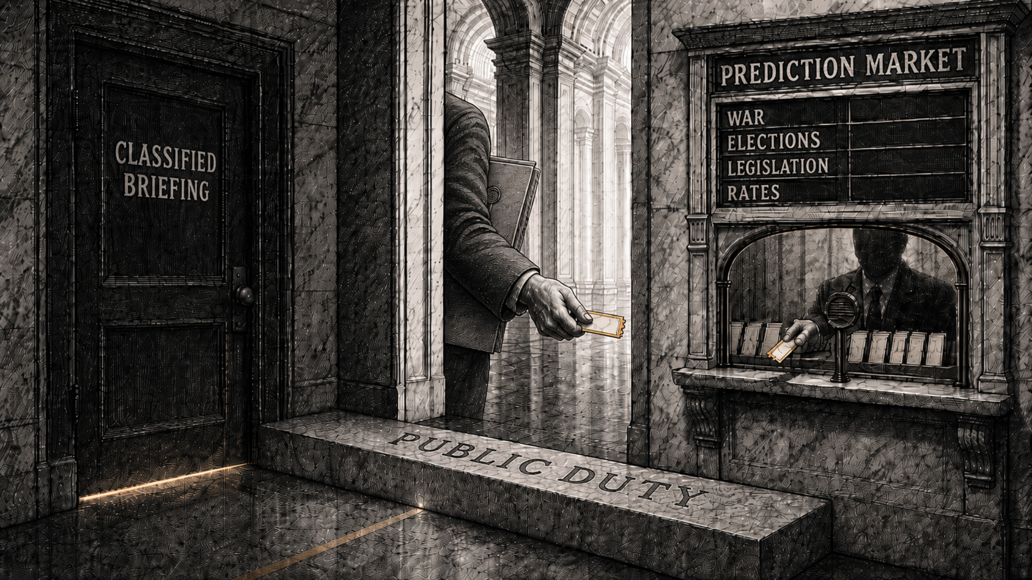 Editorial cartoon showing a public-duty threshold separating a classified briefing room from a prediction market booth while suited figures pass betting slips across it.