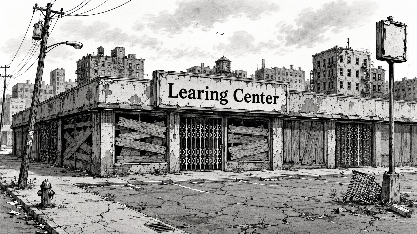 Editorial cartoon showing a boarded-up storefront labeled Learing Center in a cracked city block, with barred gates, a leaning utility pole, and an overturned shopping cart.