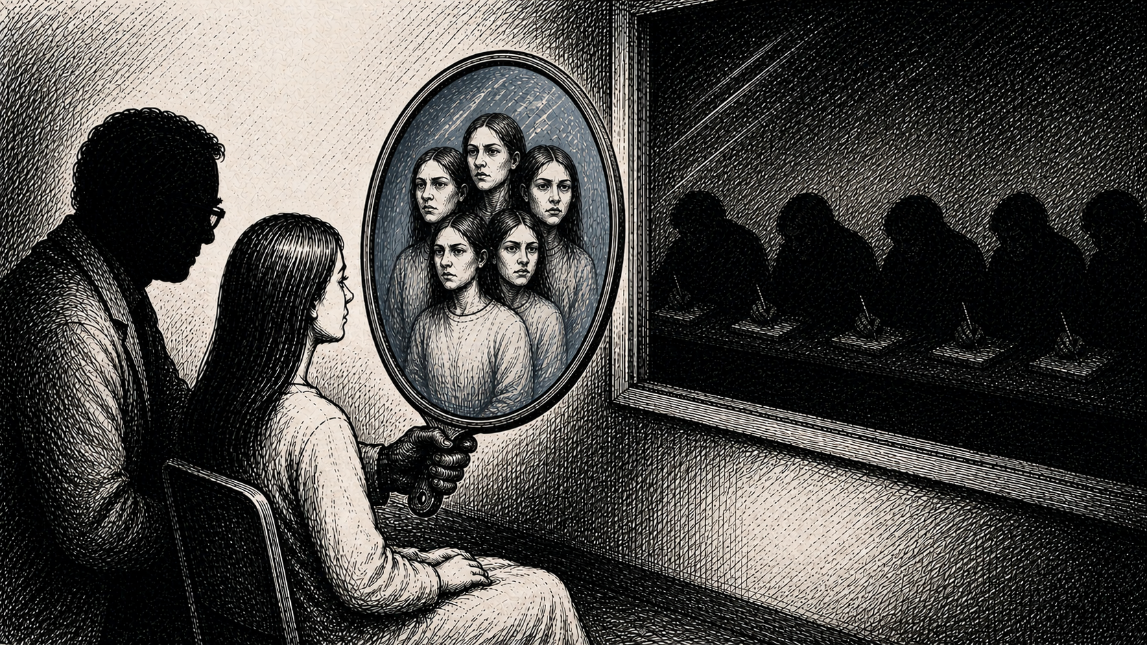 Editorial cartoon showing a clinician holding a mirror toward a seated woman, whose reflection shows several versions of herself, while shadowed figures observe and write behind a dark window.