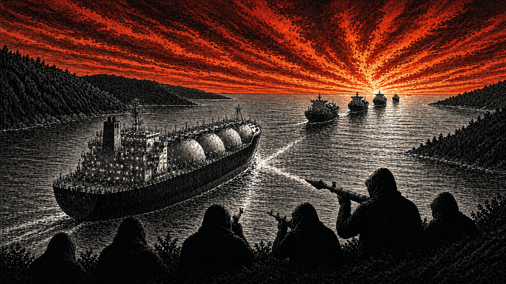 Editorial cartoon showing tankers moving through a narrow strait under a fiery red sky while armed silhouettes watch from the shoreline.