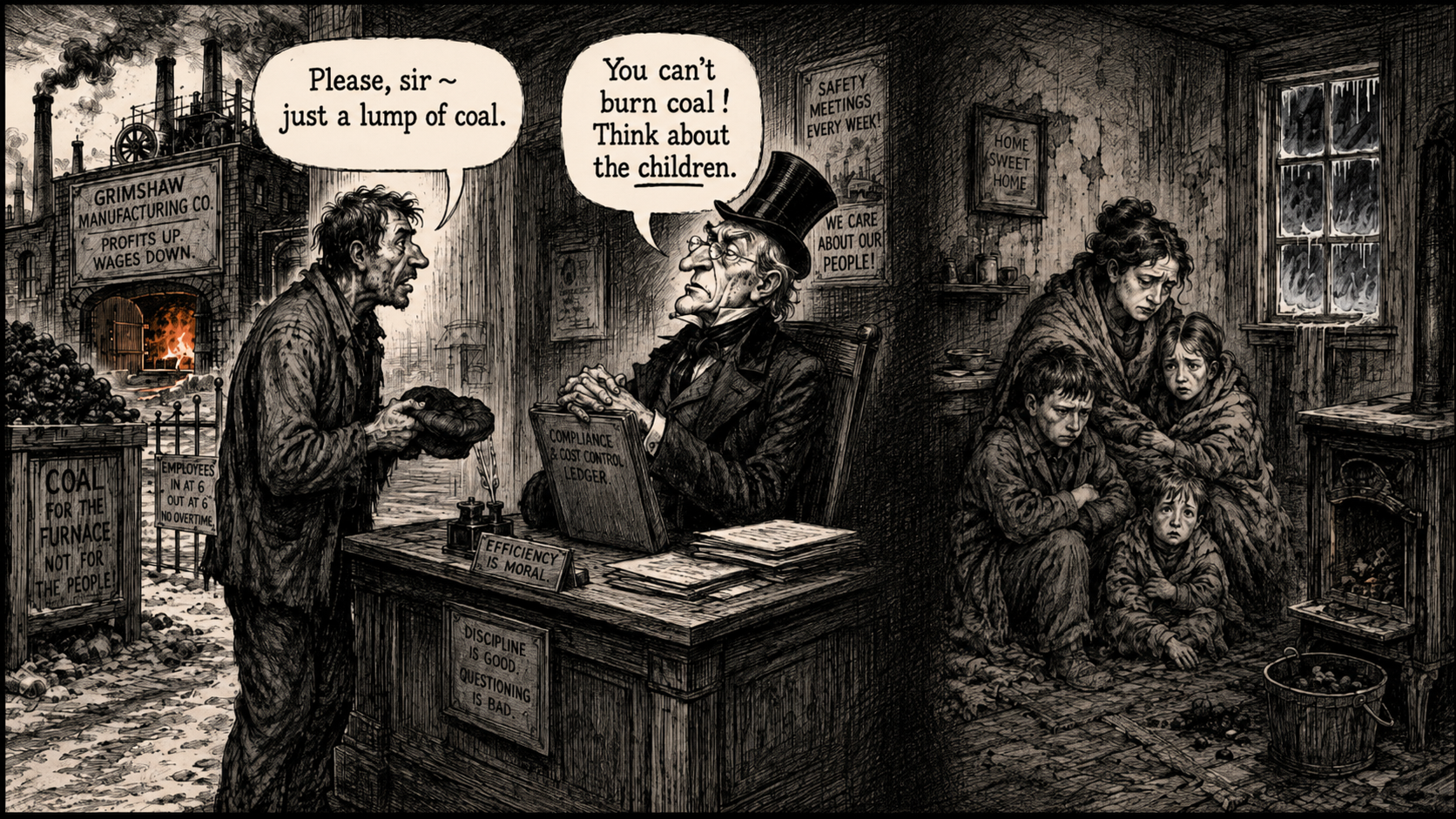 Editorial cartoon showing a worker asking a factory owner for a lump of coal while the factory burns coal behind him and a cold family waits in a dark room.