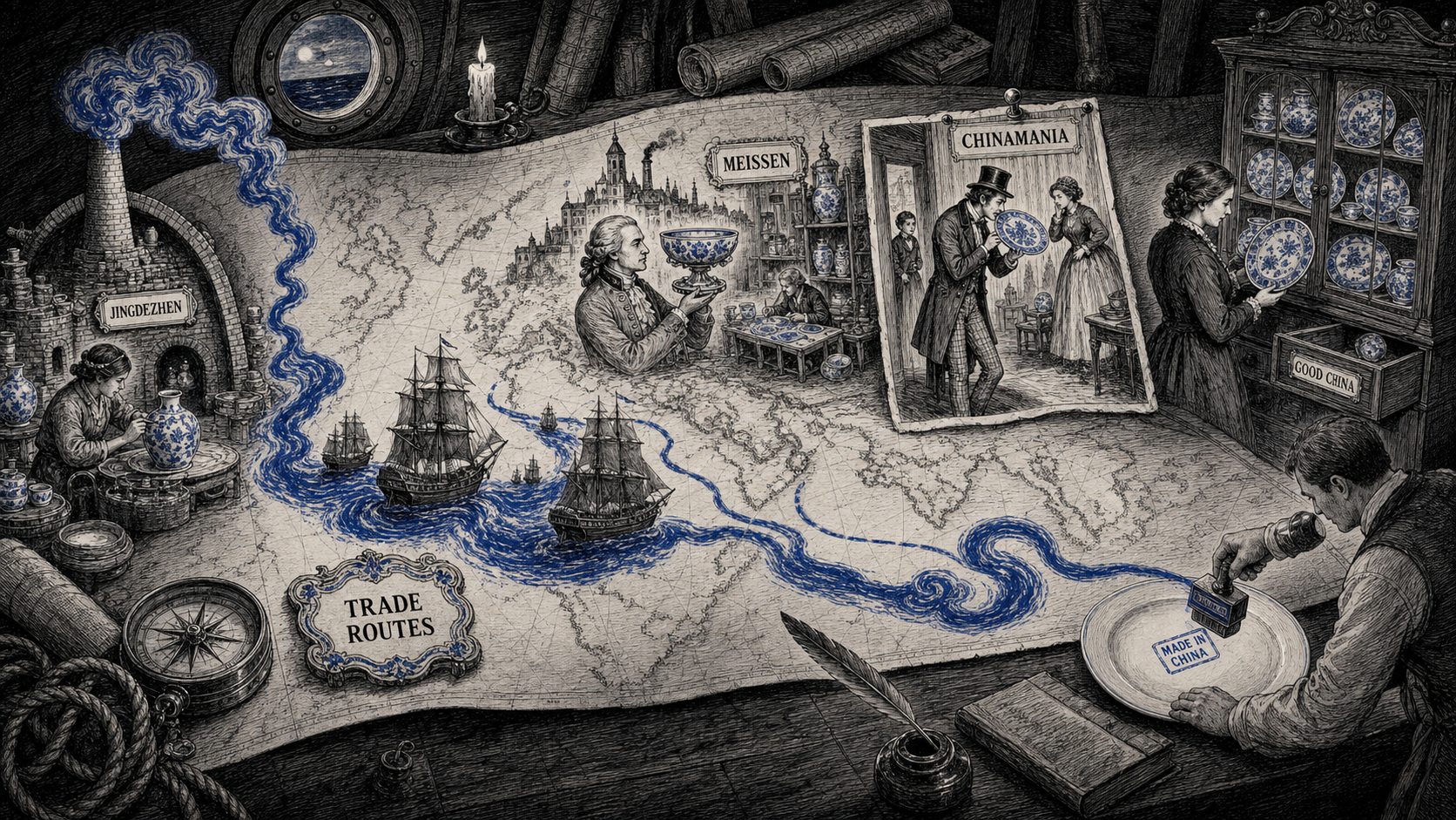 Editorial cartoon showing a cobalt blue porcelain current crossing a world map on a ship table from a Jingdezhen kiln through trade routes, Meissen, Chinamania, and a china cabinet to a plate stamped Made in China.
