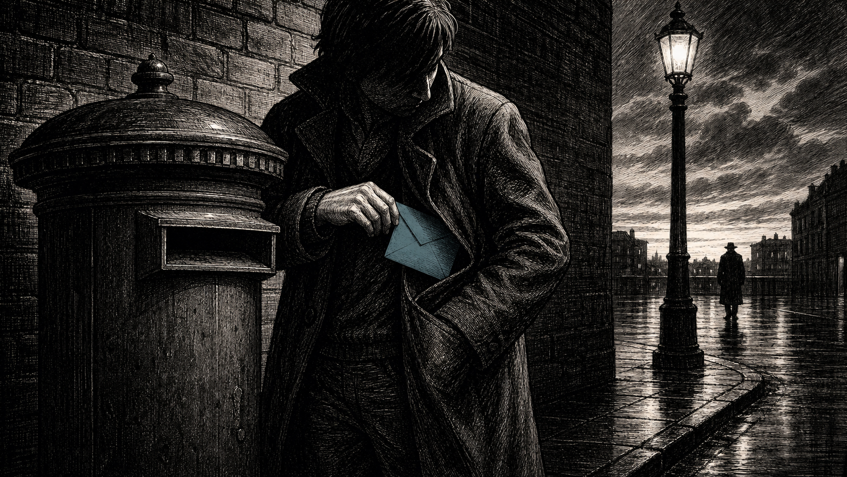 An anonymous adult pulls a blue envelope back from a street letterbox and slips it into a coat pocket while a lone passerby walks beyond a street lamp.