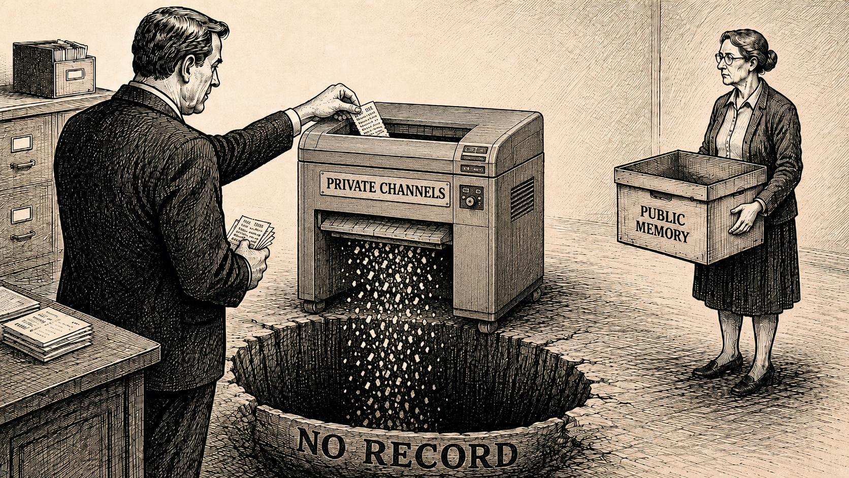 Editorial cartoon showing a man feeding papers into a shredder labeled PRIVATE CHANNELS over a pit labeled NO RECORD while a woman holds an empty box labeled PUBLIC MEMORY.