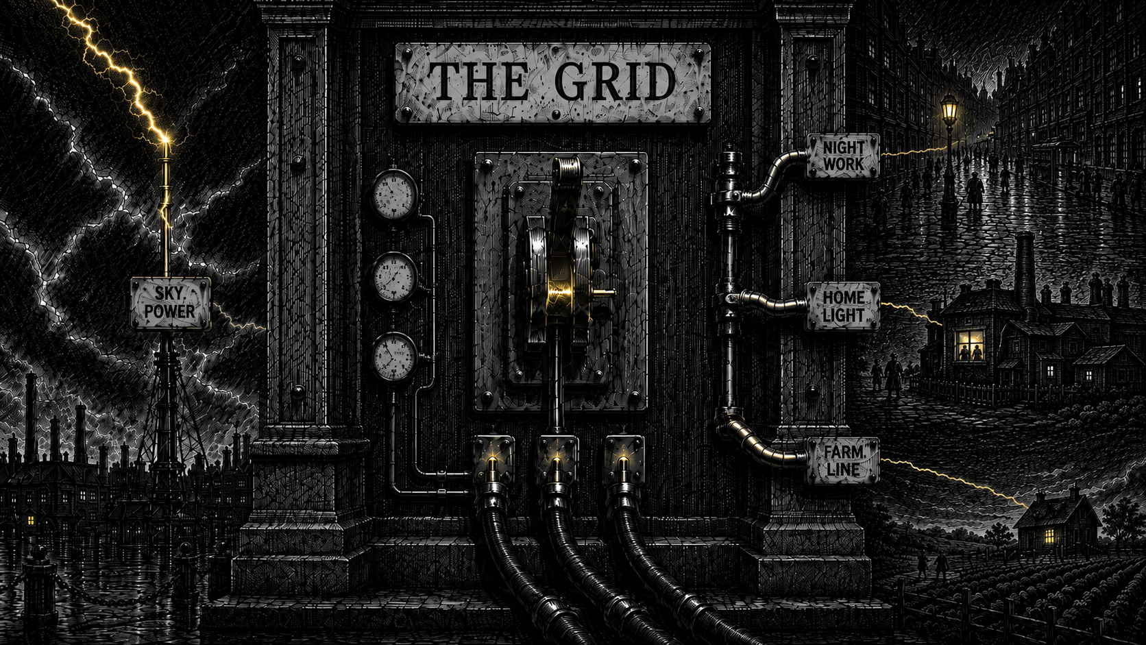 Editorial cartoon showing a massive grid switchboard drawing yellow lightning from a tower labeled SKY POWER and sending electric lines to signs for NIGHT WORK, HOME LIGHT, and FARM LINE.