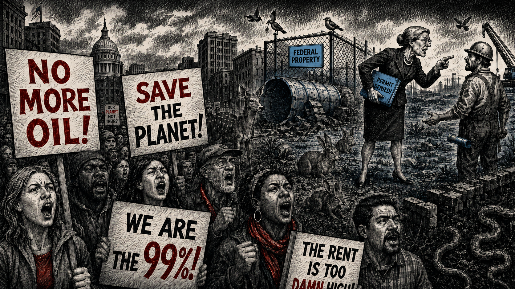 Editorial cartoon showing protesters with signs against oil and for the planet beside a fenced federal property lot, where a bureaucrat holding a permit denied folder confronts a construction worker near pipe sections, wildlife, and industrial ruins.