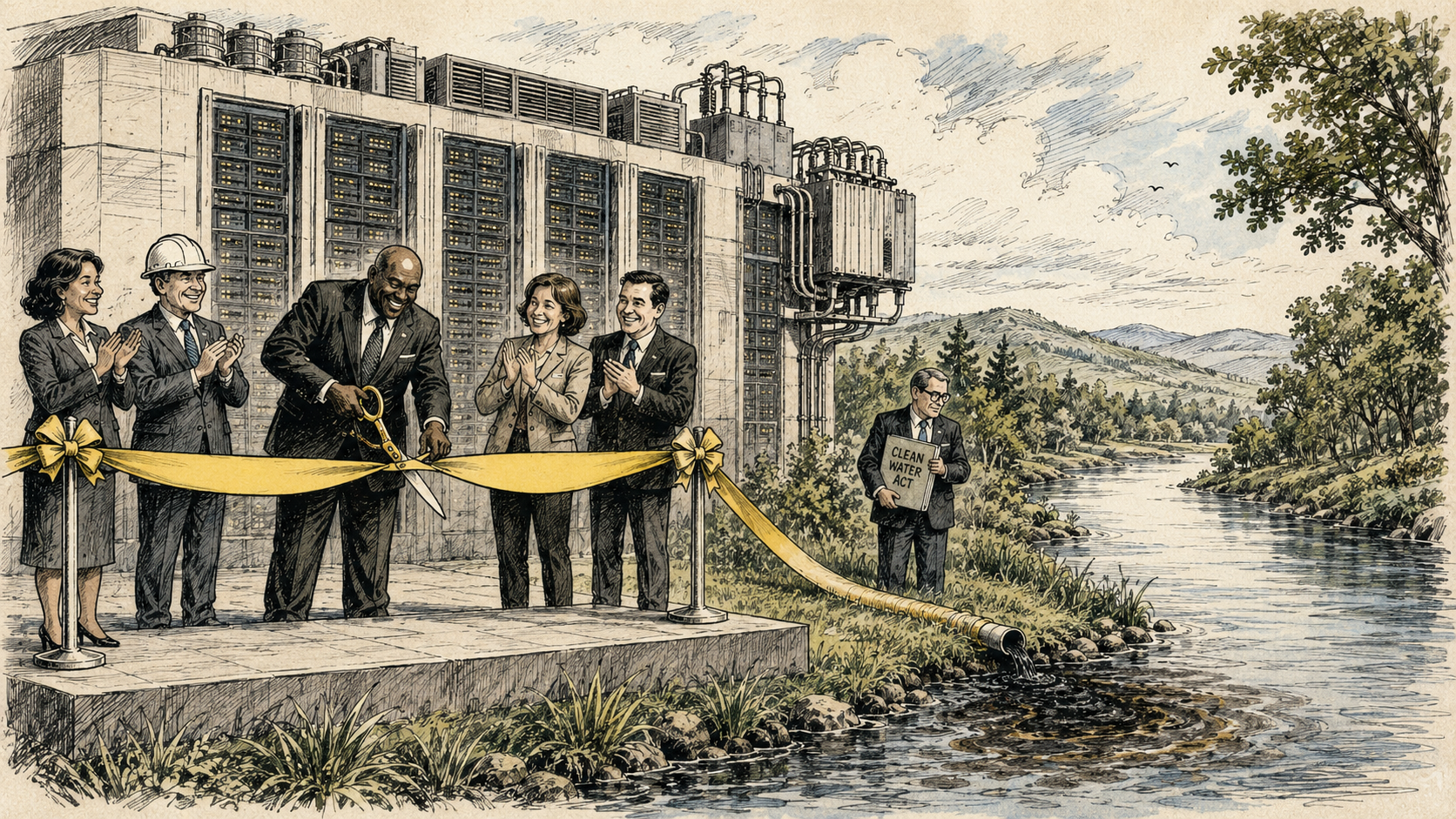 Editorial cartoon showing officials cutting a yellow ribbon at a data center while the ribbon continues as a drainpipe discharging dark water into a river beside a man holding a Clean Water Act folder.