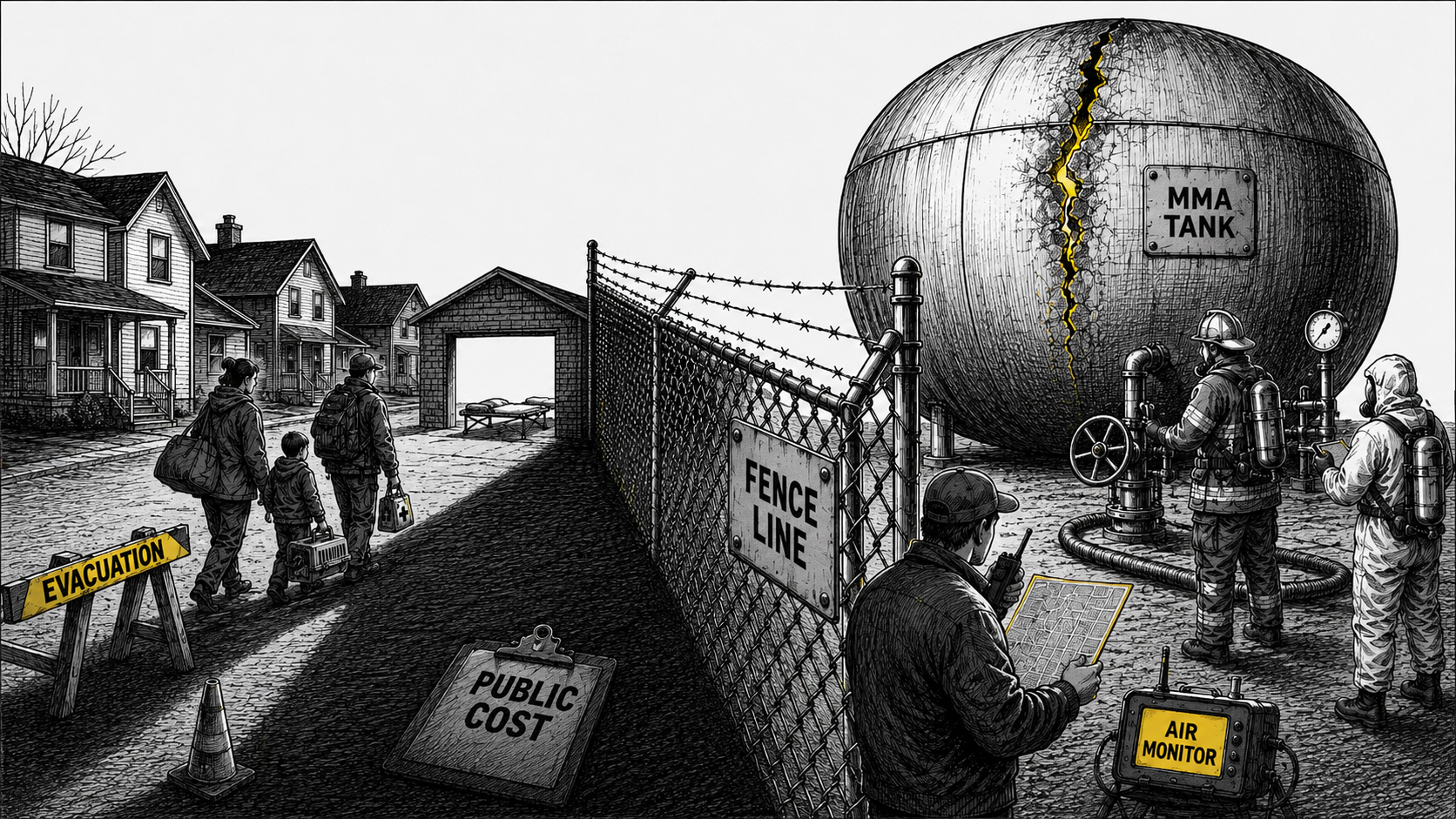 Editorial cartoon showing families leaving an evacuated neighborhood beside a fence line, while hazmat workers monitor a cracked MMA tank whose warning-yellow fracture casts public cost across the boundary.