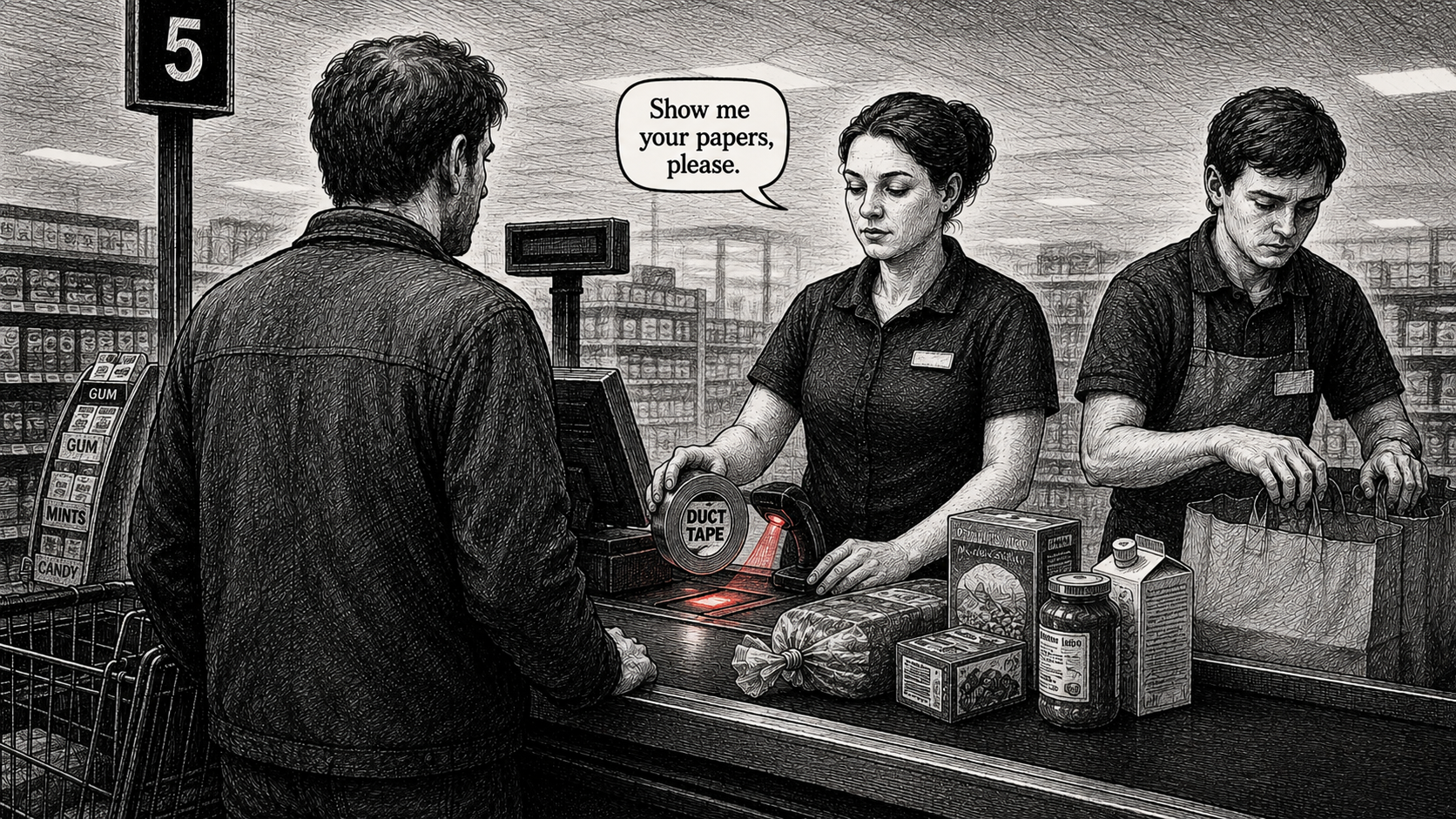 Editorial cartoon showing a supermarket cashier asking a customer to show papers while scanning a roll of duct tape with a red checkout light.