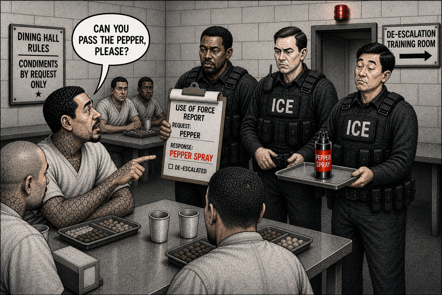 Editorial cartoon showing ICE officers in a detention dining hall treating a detainee request for pepper as a use-of-force report, with a pepper spray can on a tray and red warning labels on the report and can.