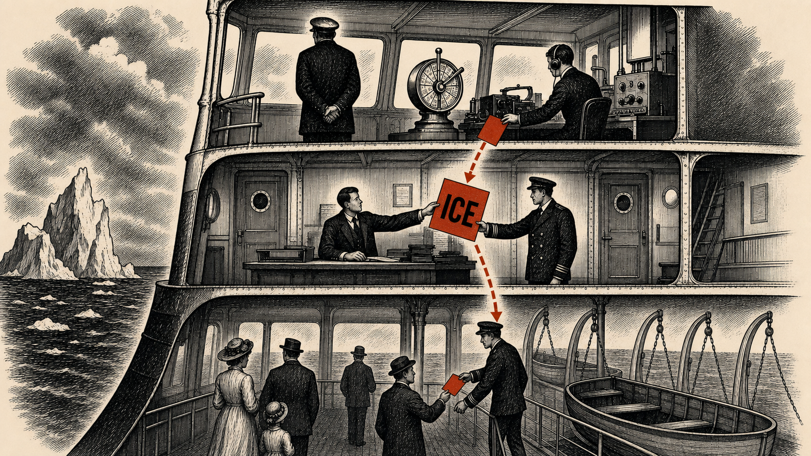 Editorial cartoon showing officers passing a red ice warning down through a cutaway ocean liner while the bridge controls remain untouched and passengers wait beside too few lifeboats.