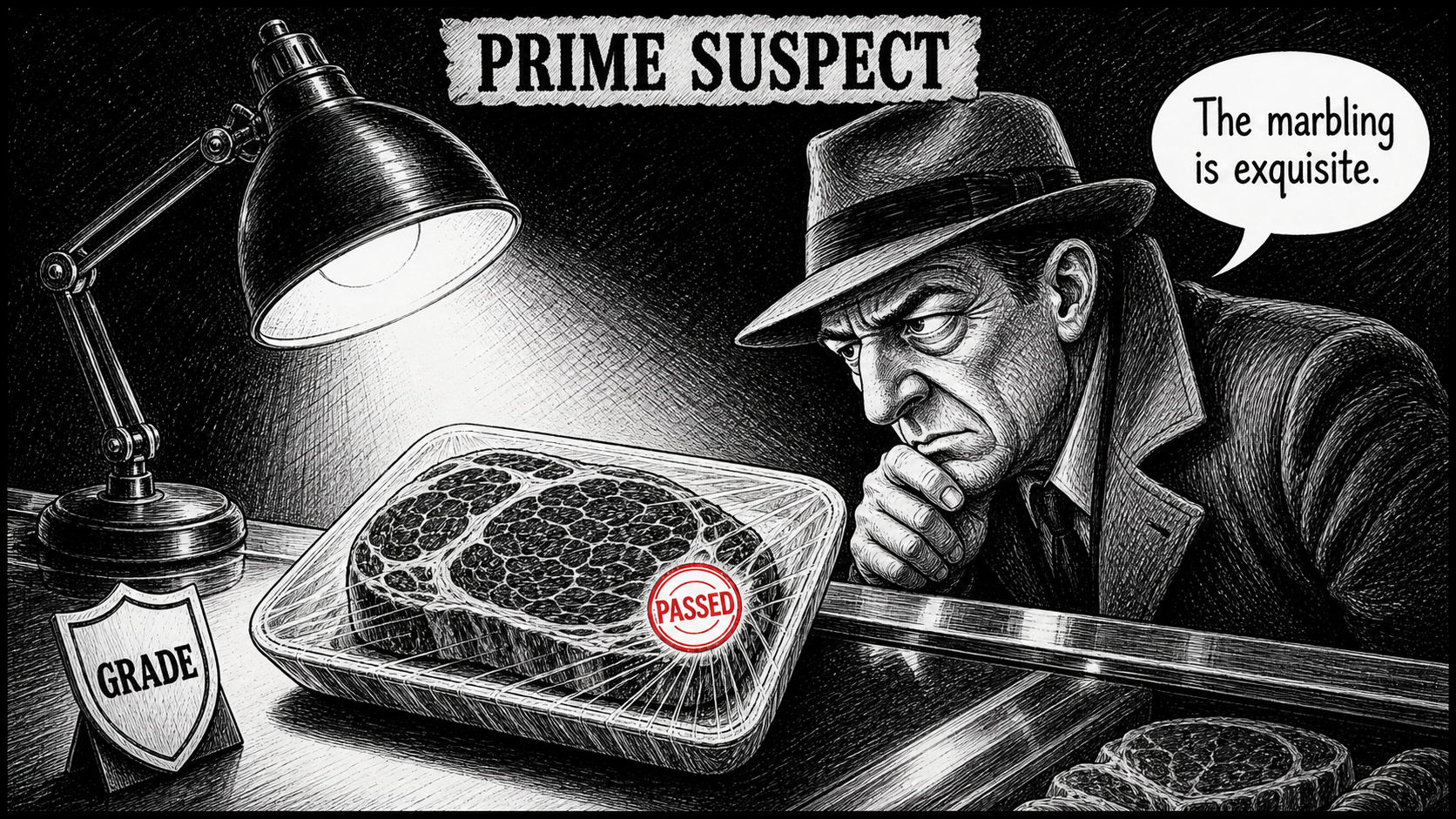 Editorial cartoon showing a grocery meat counter staged like an interrogation, with a fictional PASSED stamp on a wrapped steak under a lamp, a separate GRADE shield, and a detective-like shopper saying the marbling is exquisite.