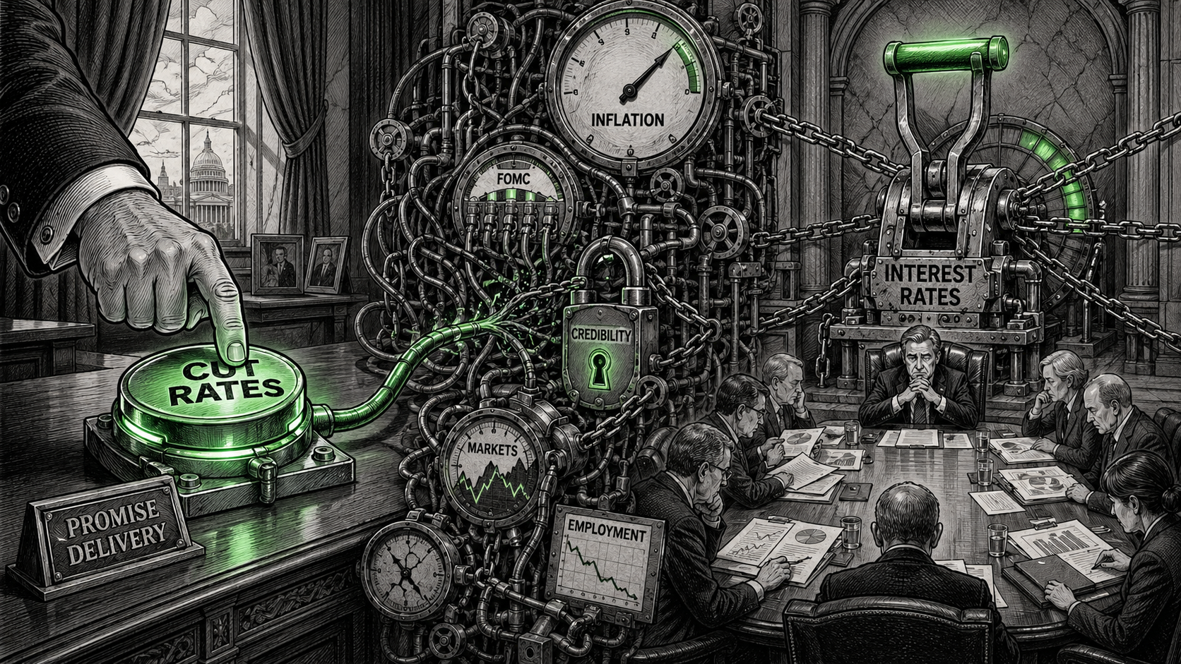 Editorial cartoon showing a presidential hand pressing a glowing CUT RATES button labeled PROMISE DELIVERY while green-lit cables tangle through inflation, FOMC, credibility, markets, employment, and public trust machinery toward a locked INTEREST RATES lever before a Federal Reserve committee.