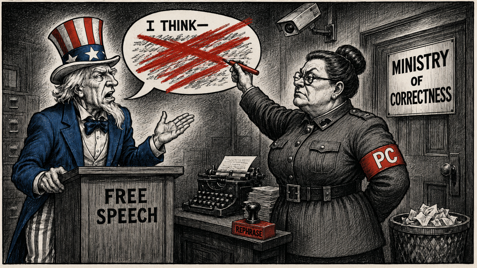 Editorial cartoon showing Uncle Sam at a Free Speech podium while a uniformed official with a PC armband marks his speech bubble with red censor strokes beside a Ministry of Correctness door and a Rephrase stamp.