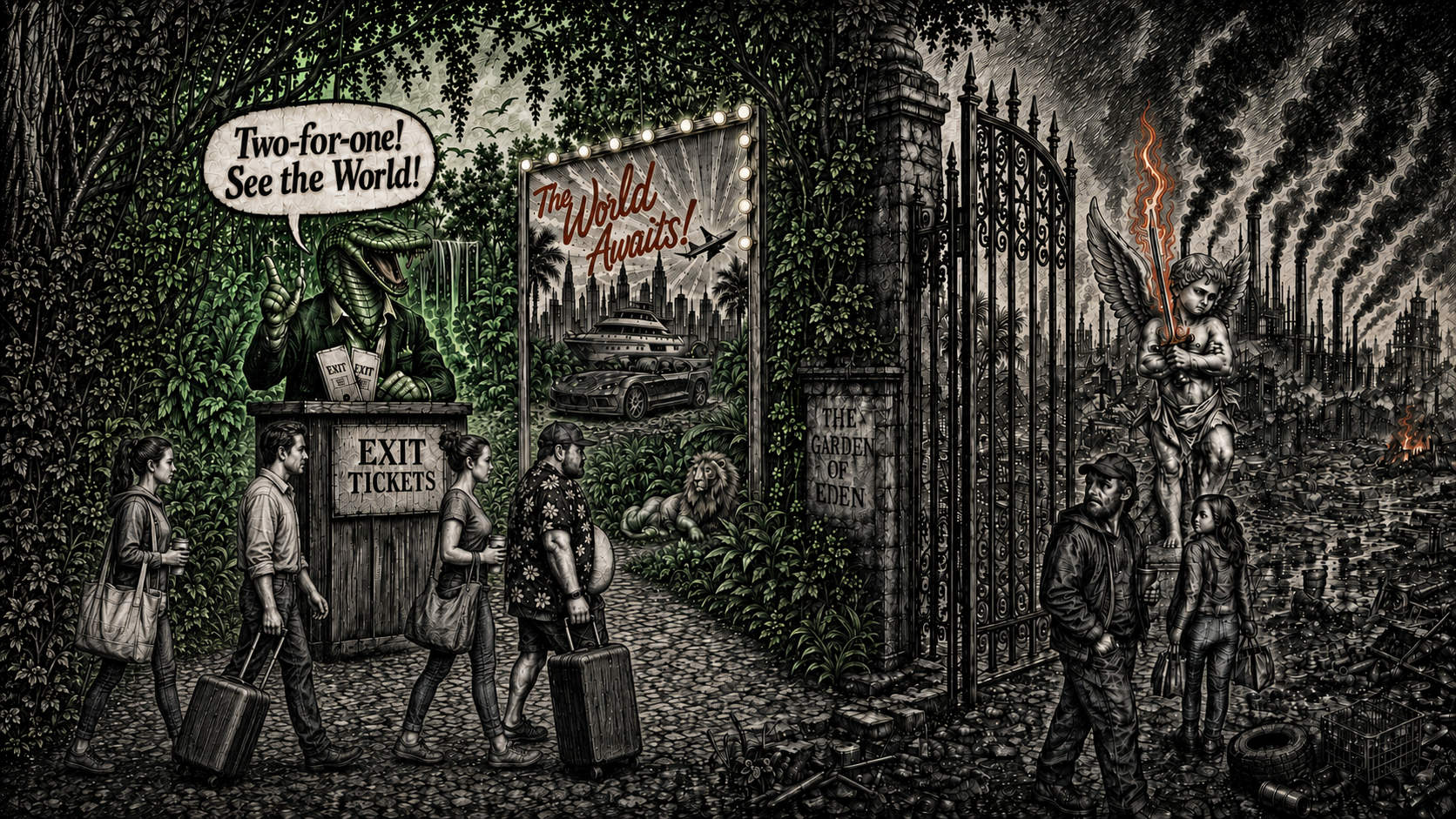 Editorial cartoon showing travelers buying exit tickets from a snake vendor in a lush garden, beside a travel poster and a closed Garden of Eden gate opening onto an industrial wasteland guarded by a winged child holding a fiery sword.