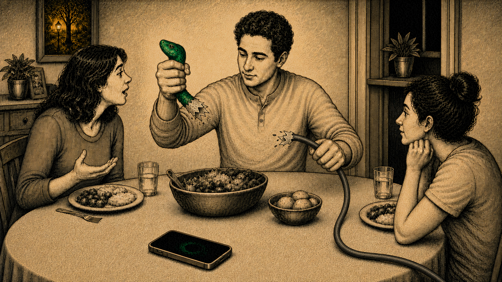 At a warm-toned supper table, a central diner holds an emerald serpent head in one hand and its severed gray power-cord body in the other while two companions sit beside a dark phone.