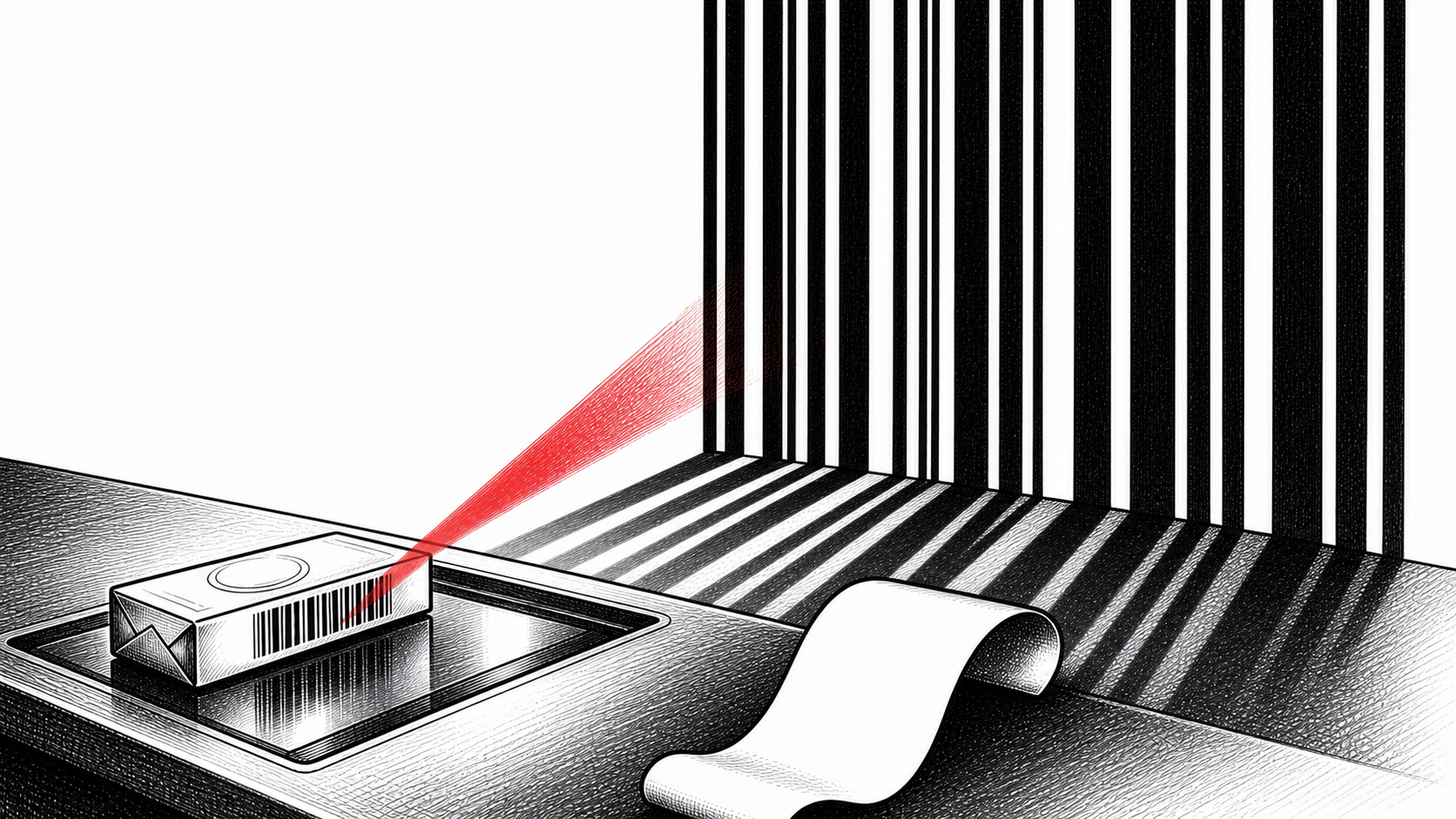 Editorial cartoon showing a plain gum pack crossing a checkout scanner as a red beam projects its barcode into huge black bars across an empty wall, with a blank receipt curling in the foreground.