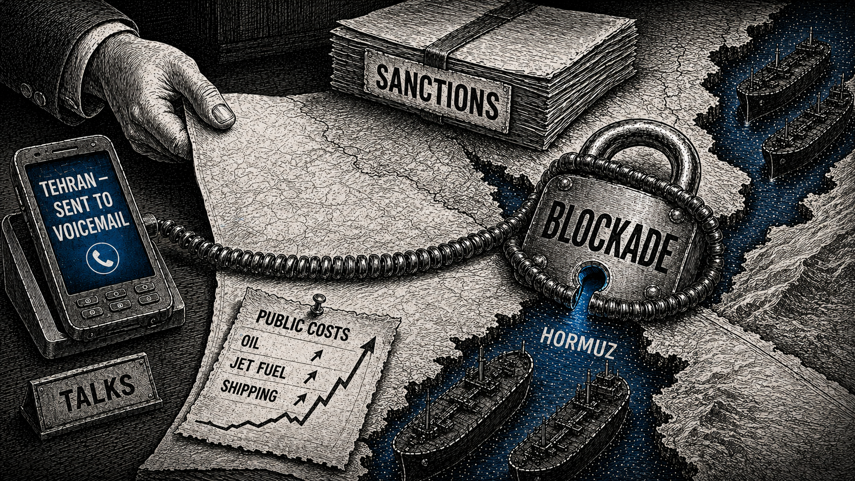 Editorial cartoon showing a phone reading TEHRAN - SENT TO VOICEMAIL beside sanctions papers, a locked blockade over the Strait of Hormuz, tankers, and a public-costs chart for oil, jet fuel, and shipping.