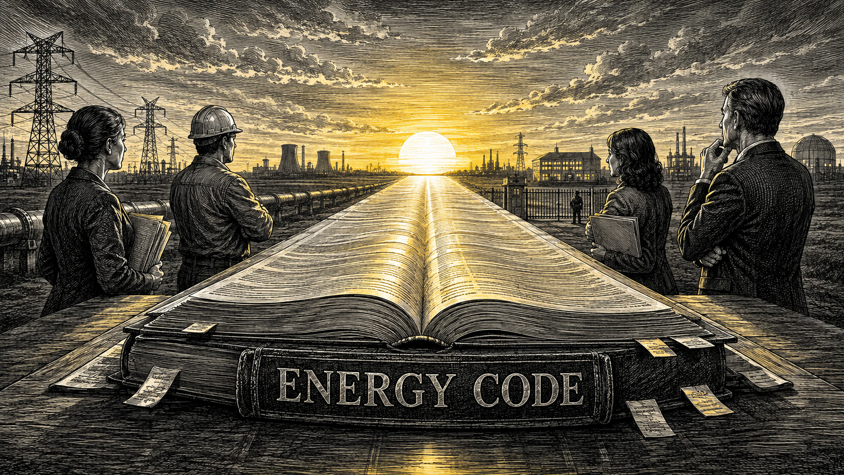 Editorial cartoon showing officials and workers facing an open book labeled Energy Code as a yellow sunset lowers over power lines, pipes, and industrial energy facilities.