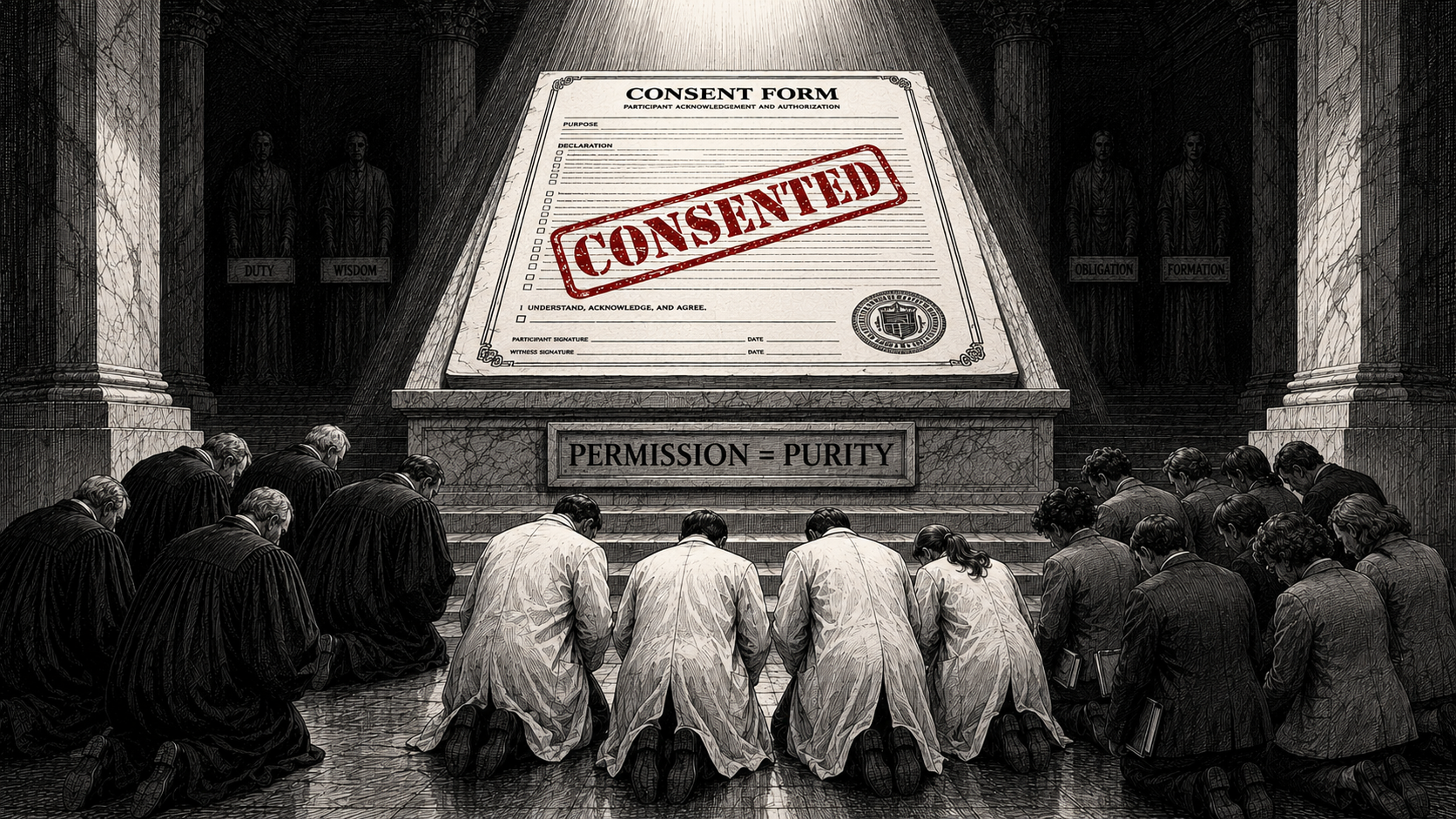 Editorial cartoon showing people kneeling before a marble altar holding a consent form stamped CONSENTED, with a plaque reading PERMISSION = PURITY and shadowed figures labeled Duty, Wisdom, Obligation, and Formation.