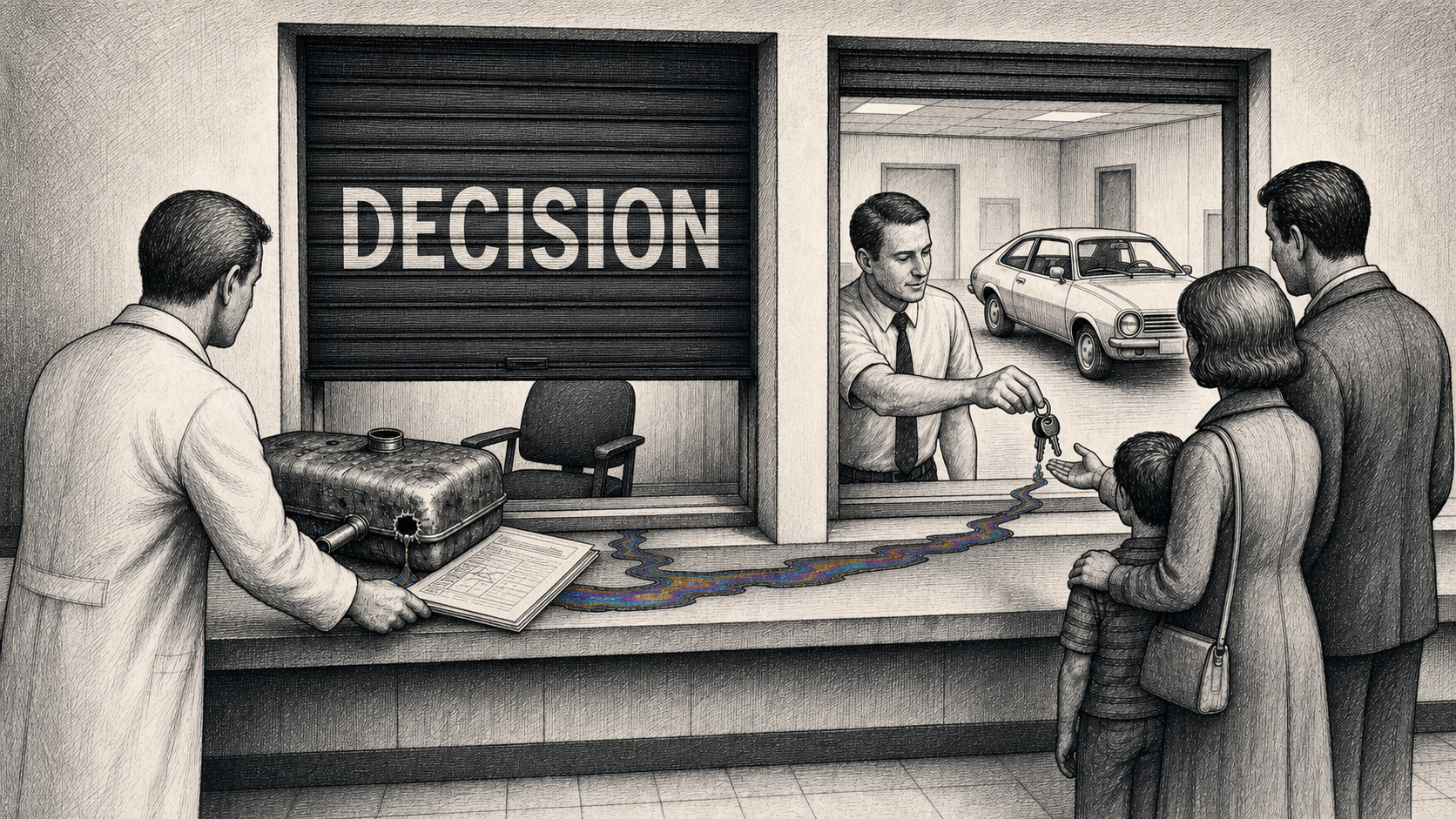Editorial cartoon showing an engineer pushing a punctured fuel tank and test report toward a shutter marked DECISION while a clerk at the next window hands car keys to a waiting family, joined by an iridescent oil trail.