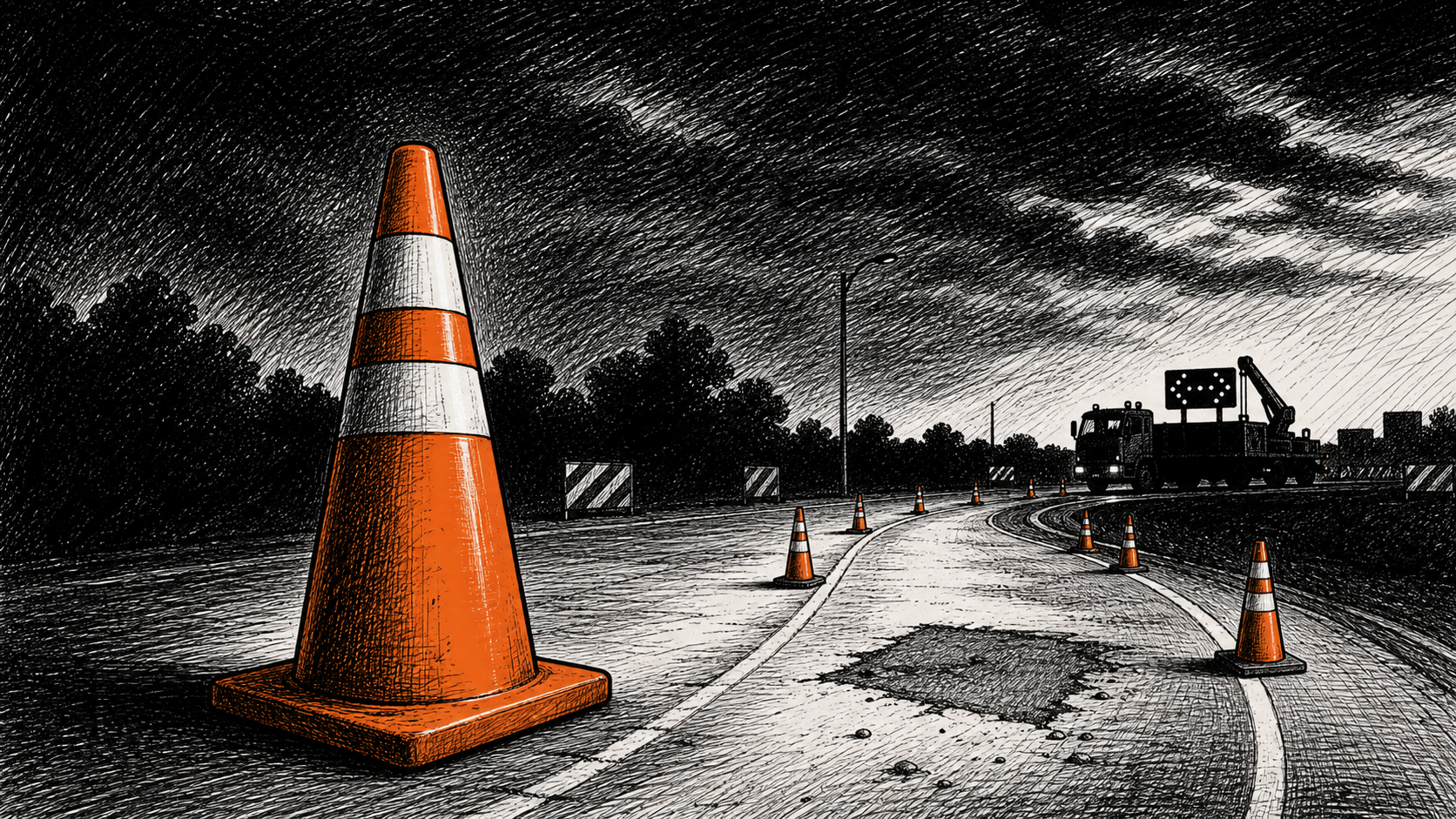 Editorial cartoon showing an oversized orange traffic cone in a dark crosshatched road work zone, with smaller cones guiding a lane around a repair truck and patched pavement.