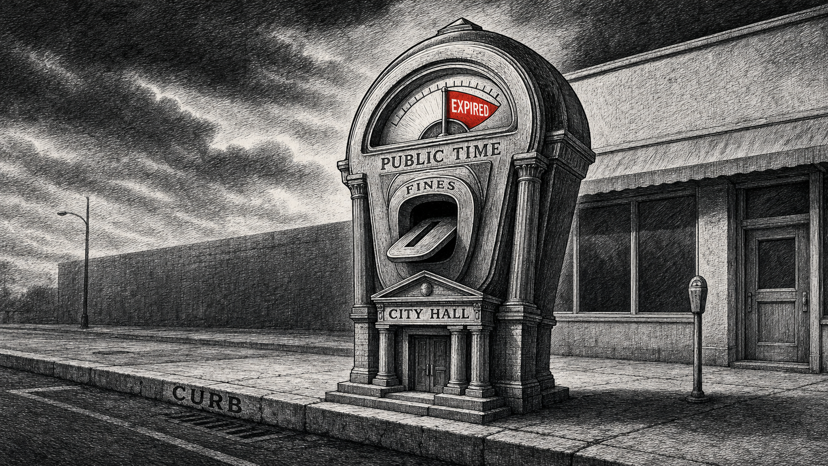 Editorial cartoon showing a giant parking meter shaped like a small city hall at an empty curb, with a red expired flag and labels for curb, public time, fines, and city hall.