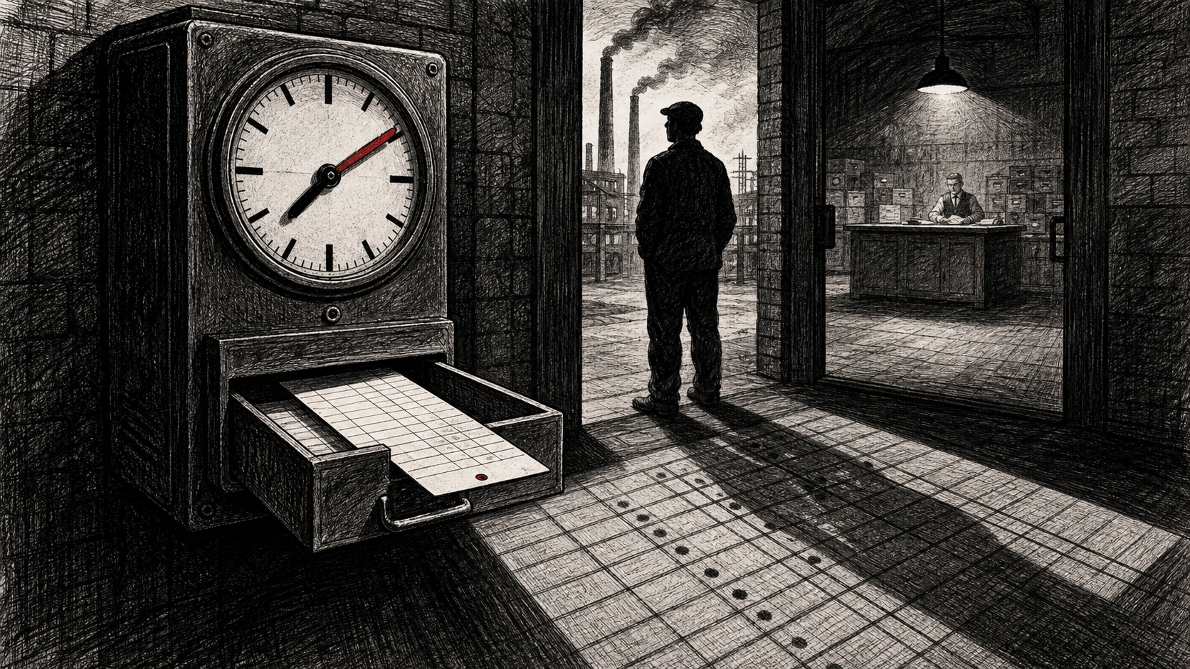 Editorial cartoon showing a factory time clock beside a doorway with its punch-card slot opened like an evidence drawer, a worker silhouette at the threshold, and a ledger-shaped shadow stretching across the floor.