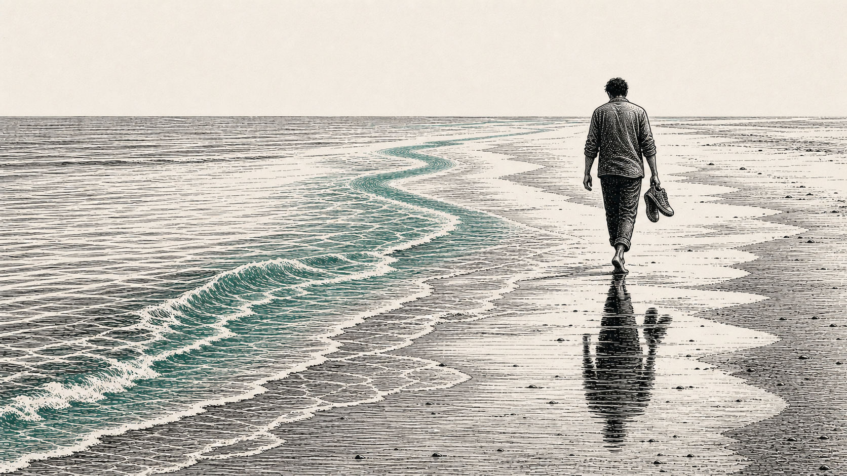 An anonymous person walks along a low-tide shore with shoes in hand as a small teal wave returns to open water.
