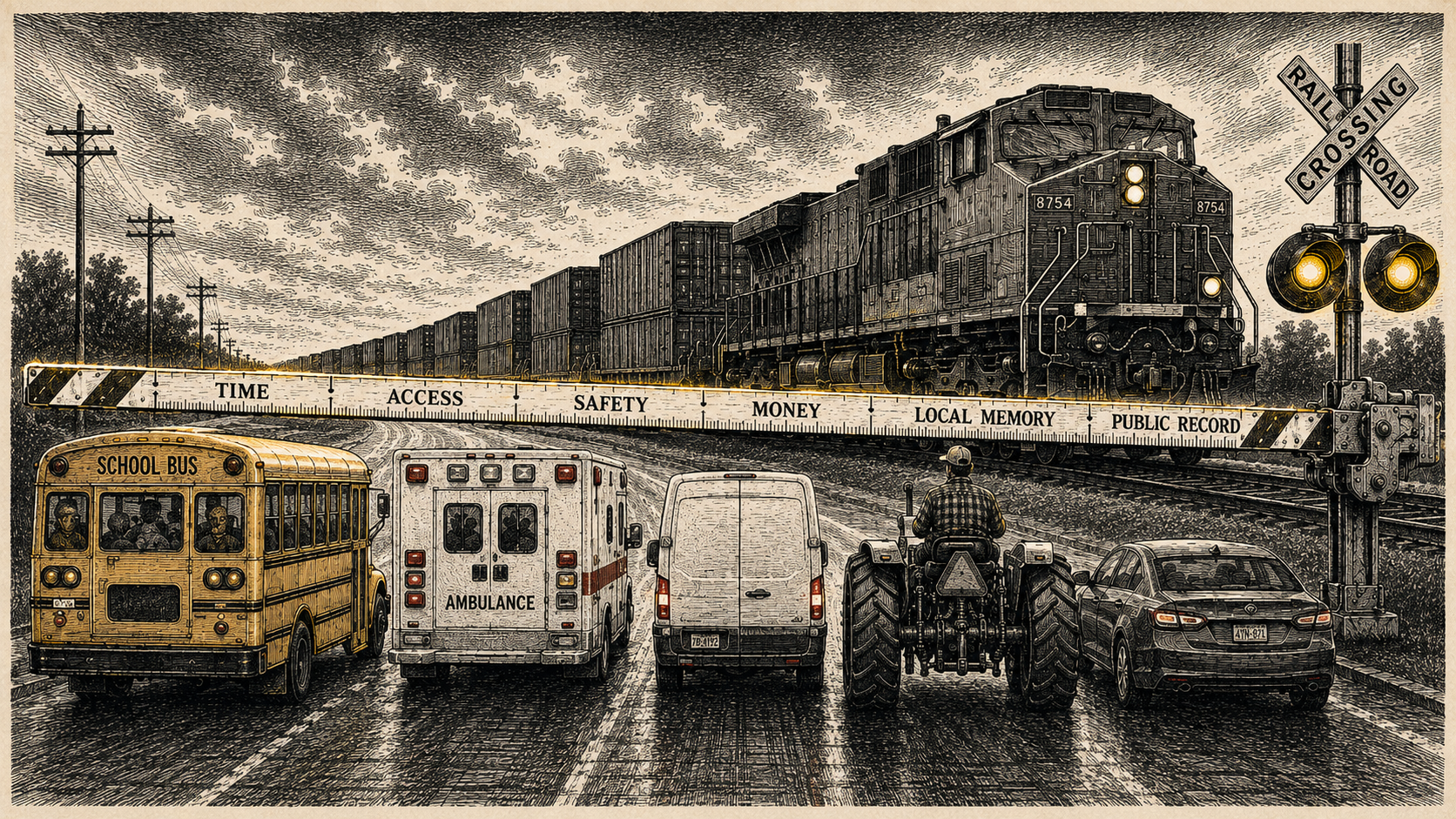 Editorial cartoon showing a freight train holding down a railroad-crossing gate shaped like a measuring ruler, blocking a school bus, ambulance, van, tractor, and car while the gate labels time, access, safety, money, local memory, and public record.